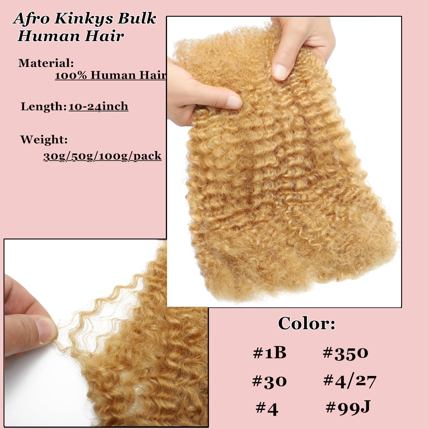 Afro Kinkys Bulk Human Hair for Permanent Micro Locs/Twists/Braids/Repair No Short Hair Honey Blonde 4C Afro Kinky Curly Bulk Human Hair 27# 18 Inch 100g/pack