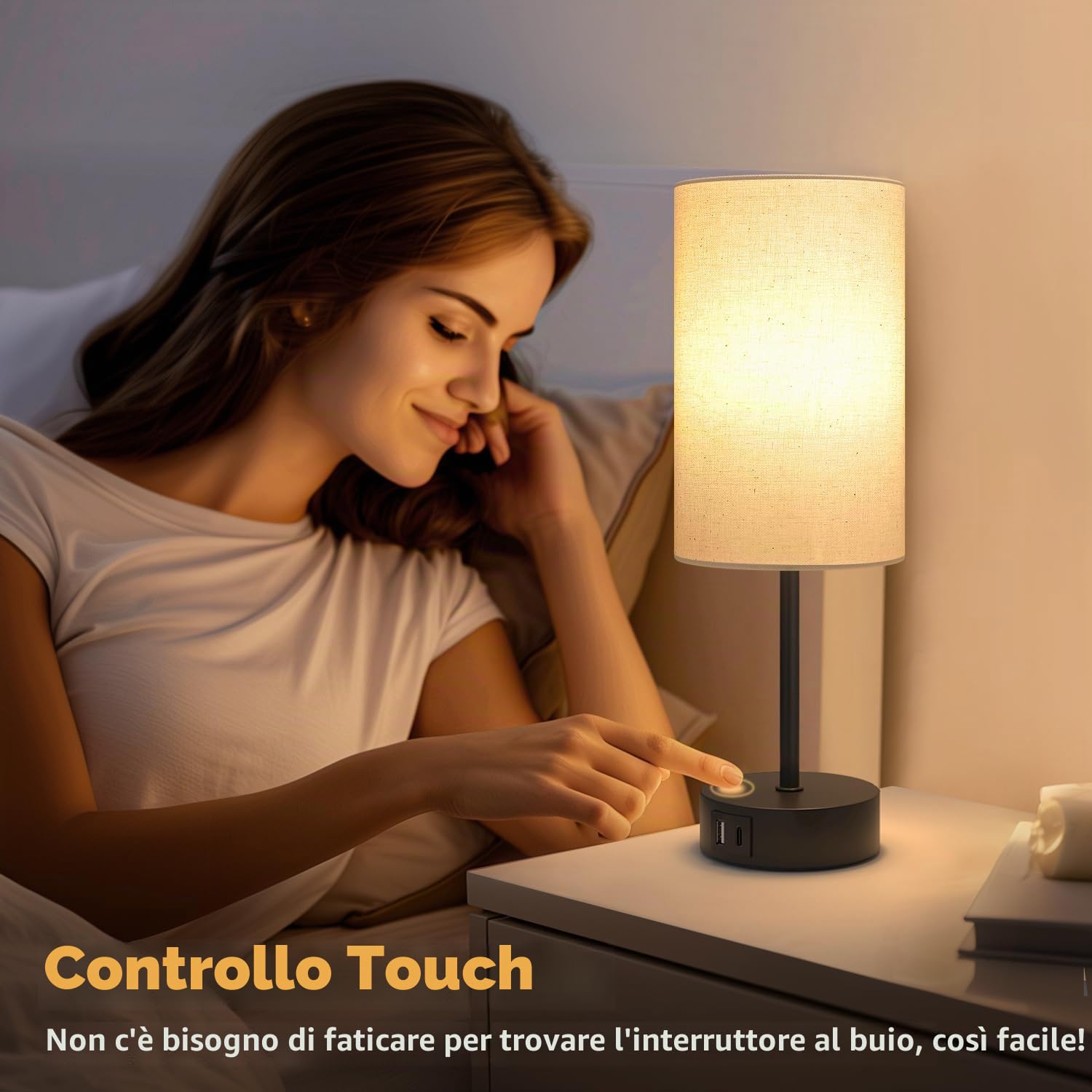Lampada da Comodino Dimmerabile al Tocco, Lampada da Tavolo con Porte di Ricarica USB A+C, Paralume in Lino, Abat Jour da Comodino per Camera da Letto, Soggiorno, Cameretta per Bambini