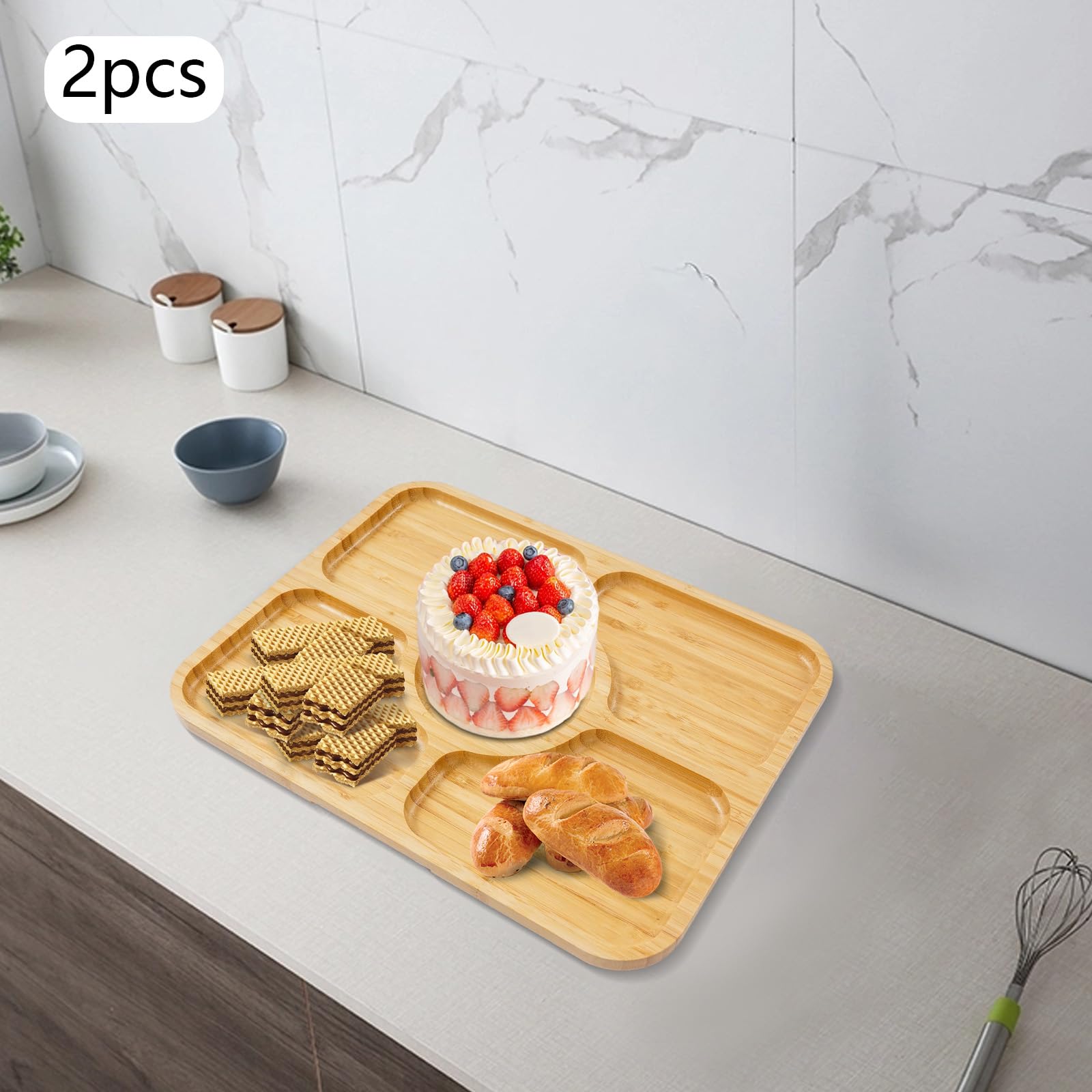 2 tablas de queso con tapa, bandeja para servir a madera de bambú, bandeja multifuncional con asa, tabla de charcutería para comida familiar, reunión, picnic, 35,3 x 28,3 cm (5 cuadrículas)