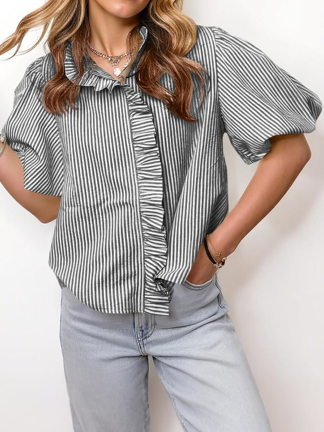 Tankaneo Womens Short Puff Sleeve Button Down Shirts Summer Ruffle Striped Work Tops Stand Collar Trendy Casual Loose Blouse - Image 3