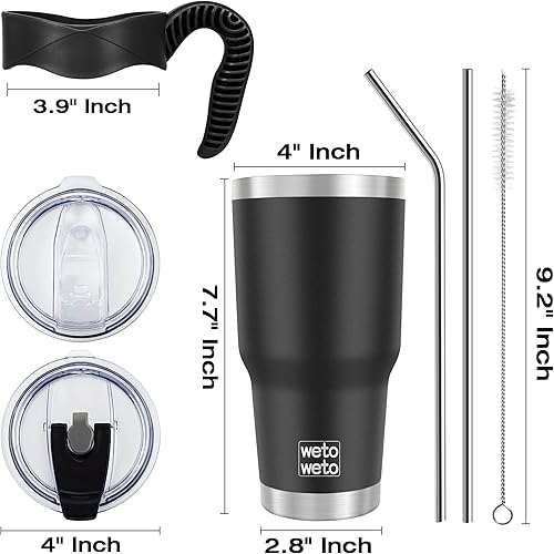Miniatura 3 de WETOWETO Vaso aislado de 30 onzas con 2 tapas y 2 popotes, vaso de café de acero inoxidable con doble vacío con asa, taza de viaje con recubrimiento