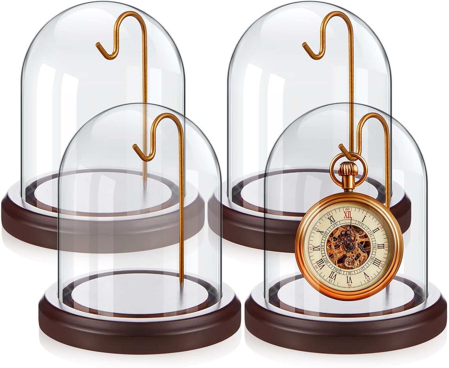 4 Pcs 3" x 4" Watch Ornament Glass Display with Hooks Dome Cloche with Wood Base Decorative Glass Display Dome Showcase for Watch Plants Medals Photos Collectibles Dark MDF Base, Gold Hook