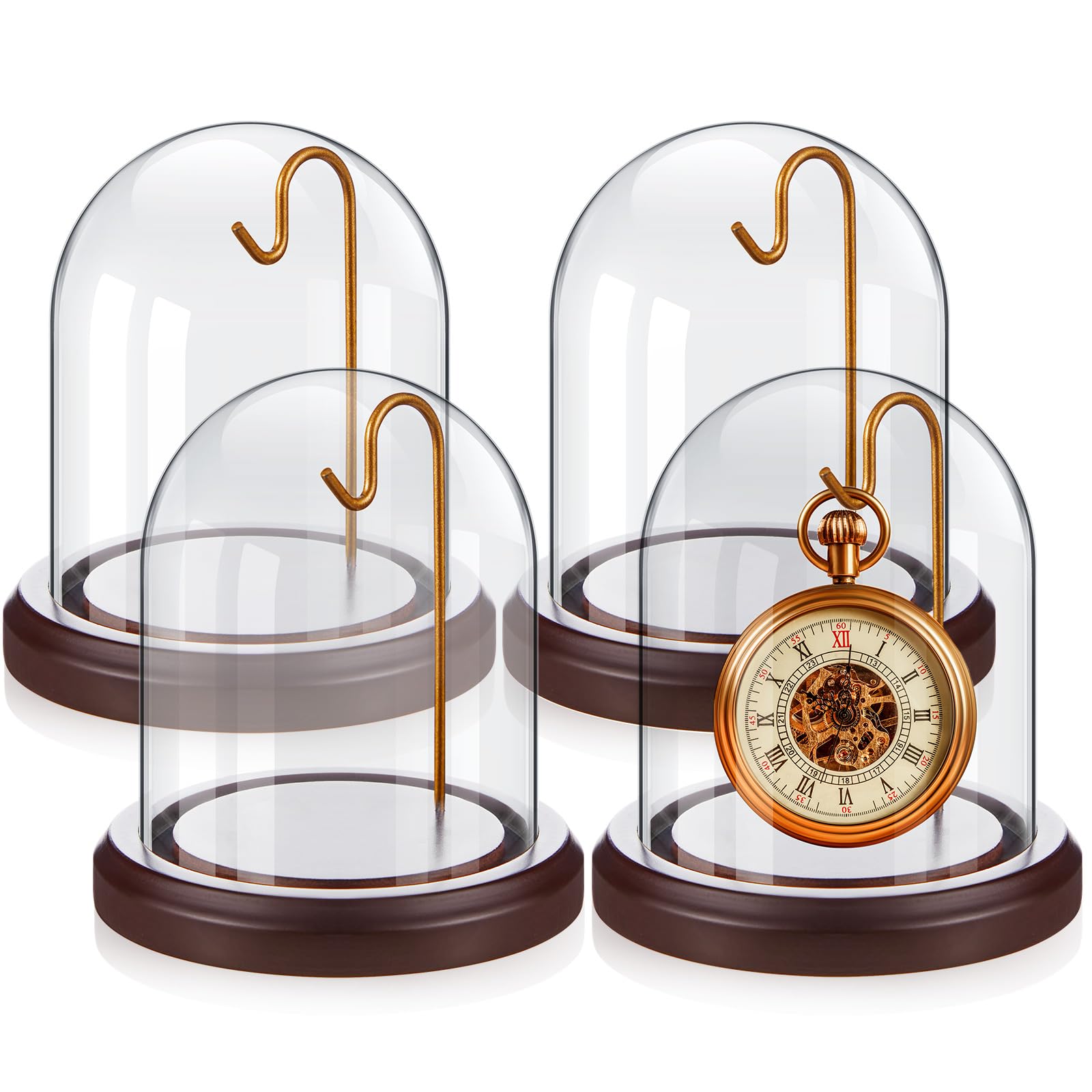 Beeveer 4 Pcs 3" x 4" Watch Ornament Glass Display with Hooks Dome Cloche with Wood Base Decorative Glass Display Dome Showcase for Watch Plants