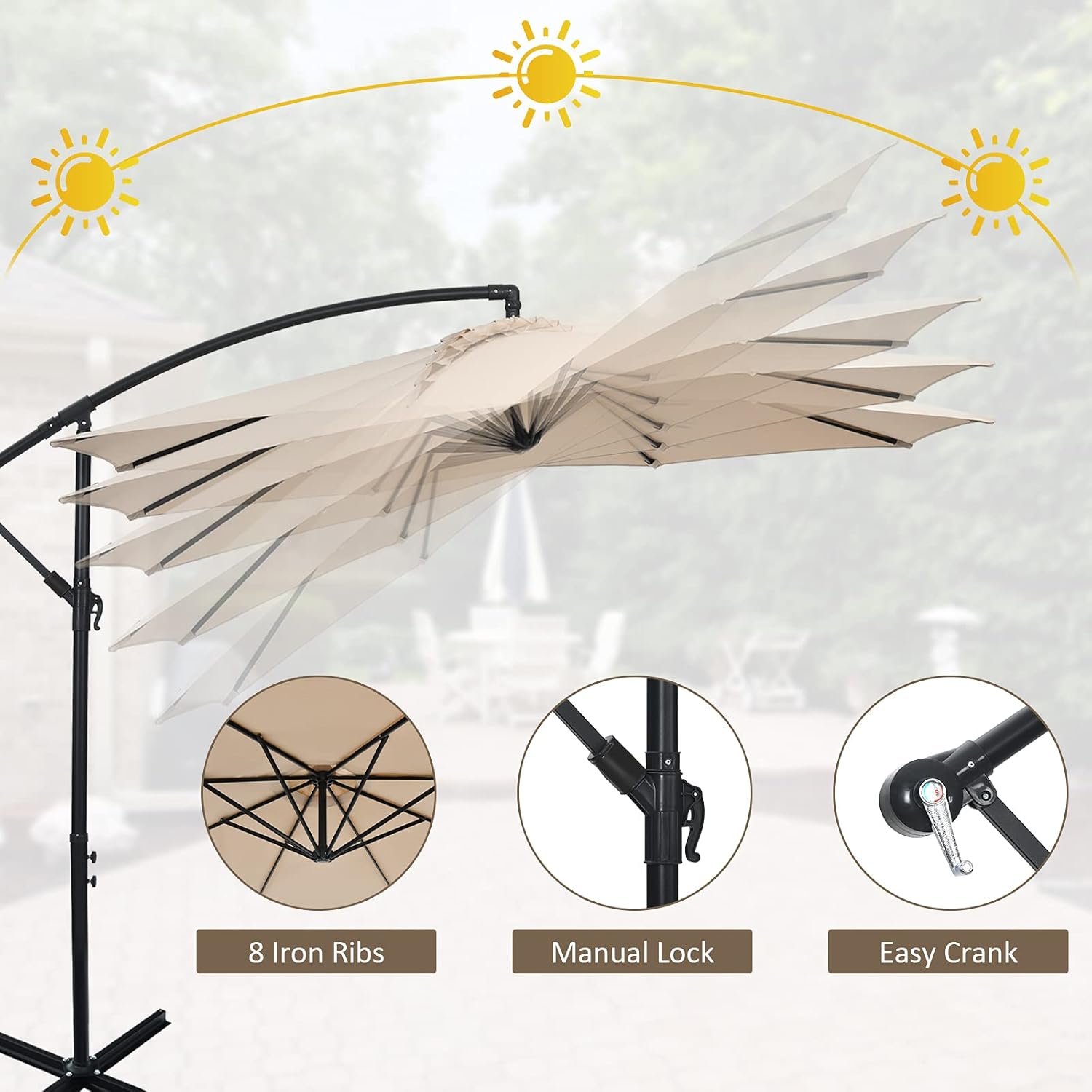 Giantex Patio Offset Umbrella, 8 Ribs Cantilever Umbrella Outdoor w/Crank, Cross Base, Tilt Adjustment, Large Hanging Market Umbrella for Poolside, Yard, Lawn, Garden