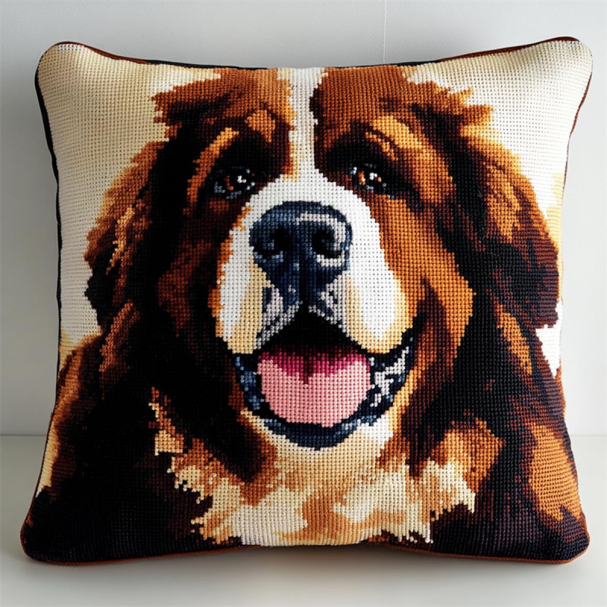 RKFLGEW DIY Latch Hook Craft Kits Saint Bernard Dog Animal DIY Throw Pillow Cover Crochet Yarn Needle Craft Handmade Cushion for Home Sofa Decoration 43x43cm
