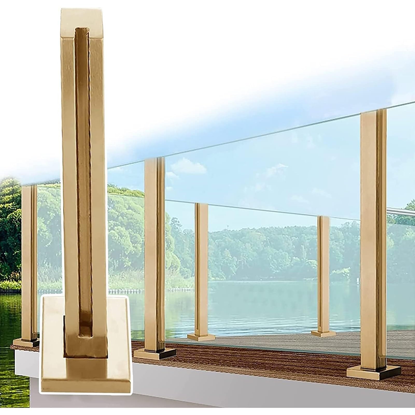 Poteau de garde-corps en verre pour sécuriser un balcon moderne avec un design doré chic