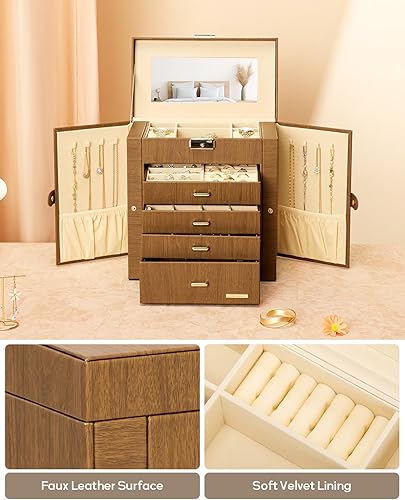 Miniatura 15 de Homde Regalos de Navidad de cuero sintético, enorme joyero, organizador de reloj con espejo, collar, anillo y aretes, estuche de regalo con Dorado