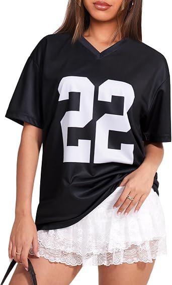 OZICERD Oversized Jersey Shirts for Women Y2k Blokette Tops V Neck Number Graphic Tees Short Sleeve T-Shirt Black White