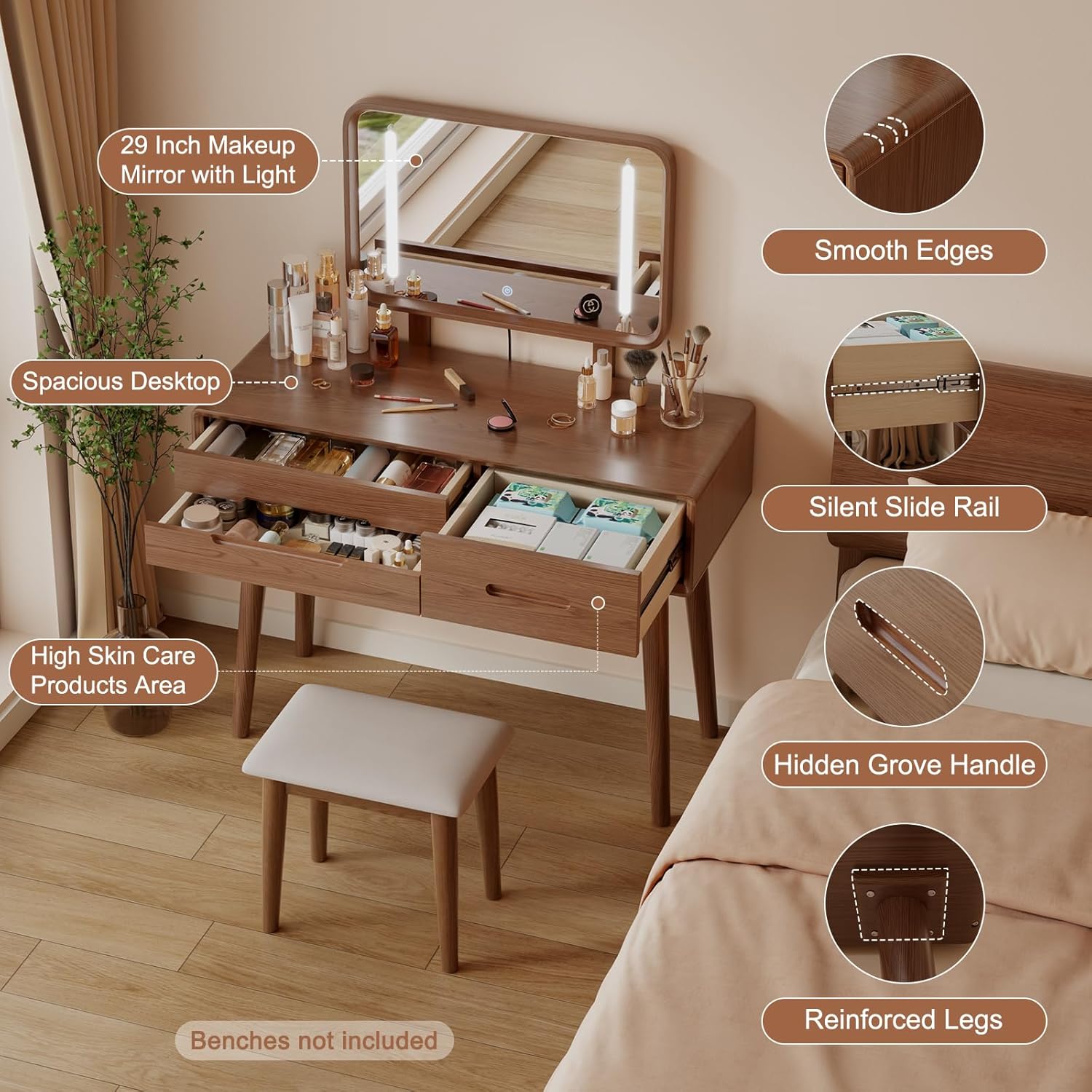 Solid Wood Vanity with Mirror and Lights, Adjustable Brightness, Wood Makeup Vanity with 3 Drawers, Semi-Assembled, Vanity Desk for Bedroom (Walnut)