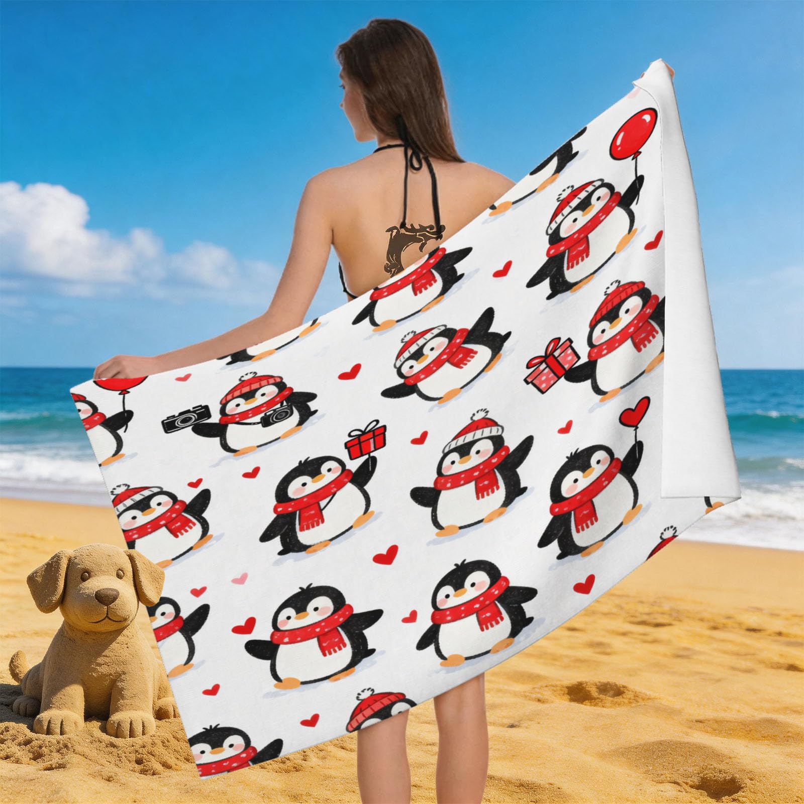 Leichong 3D Cartoon Penguin Beach Towel Large Microfiber Soft Quick Dry for Adults, Chic Bath Towel Lightweight Soft Absorbent for Travel Swimming Pool Sports, 180 x 90 cm