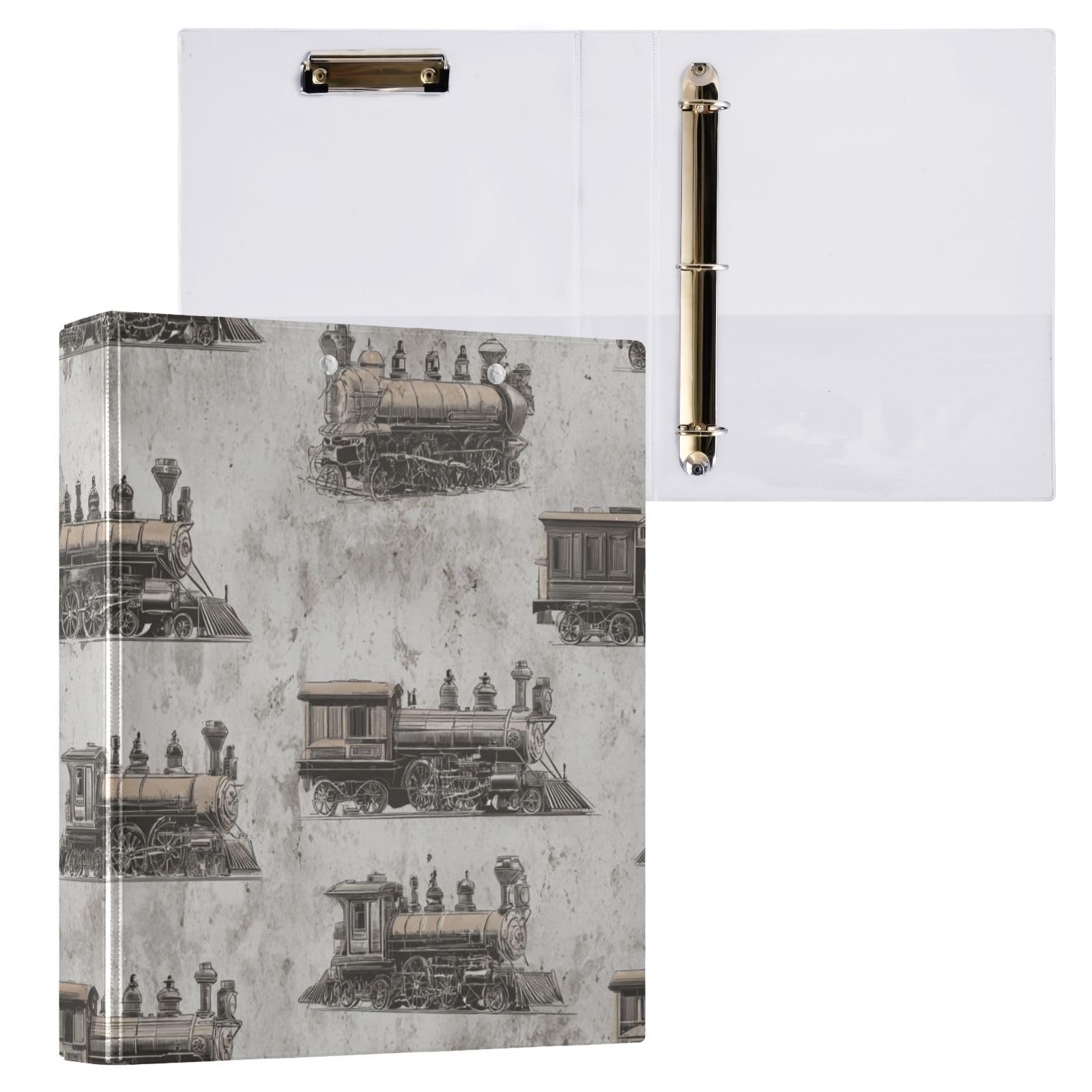 Kcldeci Raccoglitore a 3 anelli con copertina rigida, motivo treni vintage a vapore, 3,8 cm, anelli rotondi con tasche interne, per scuola, ufficio, ricette, raccoglitori, confezione da 2