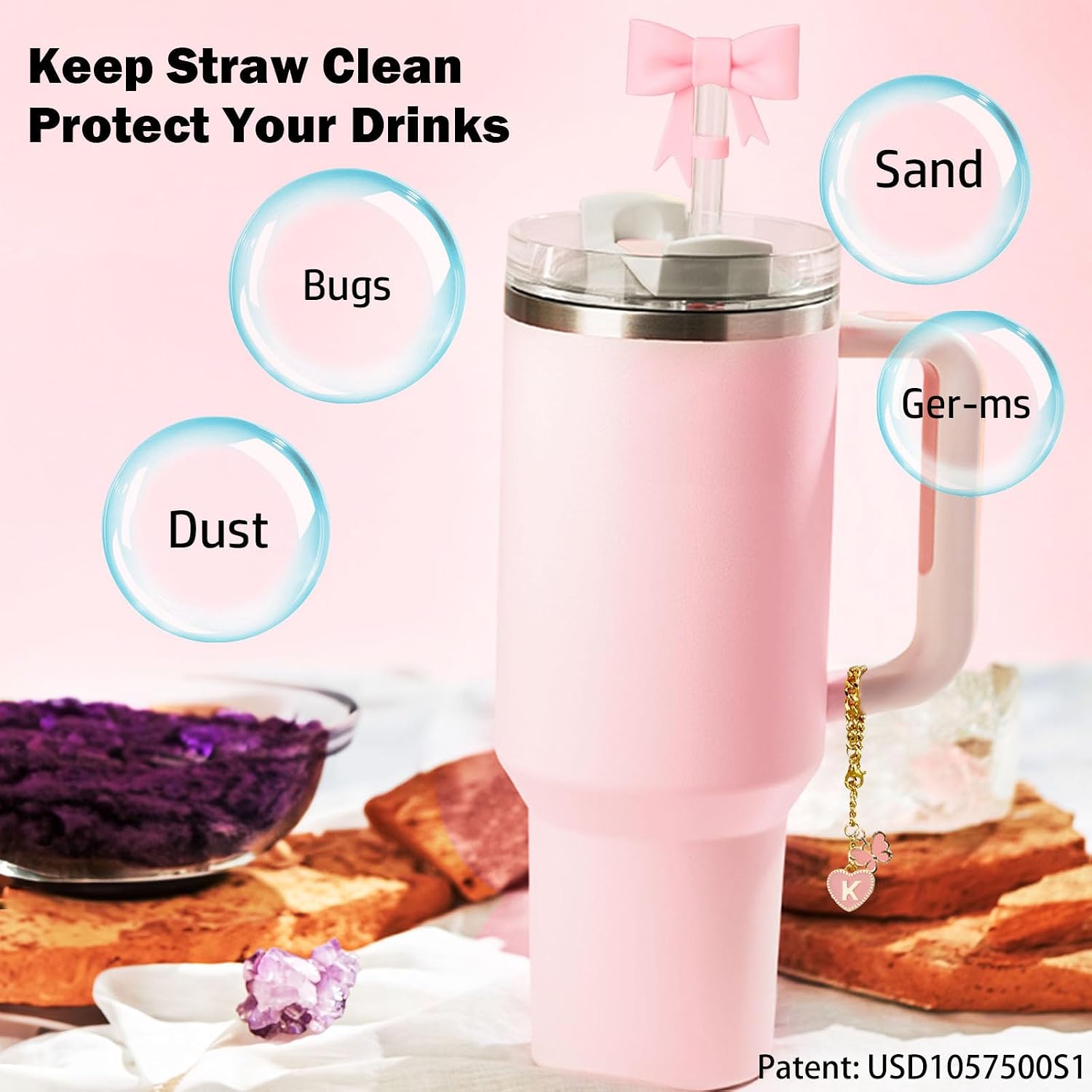 Pink Bow for Stanley Straw Topper- 3pcs Cute Cup Bow Straw Cover Silicone Cap 10mm with 2pcs Initial Letter Charms Name Id Personalized Accessories 40/30 Oz Tumbler Water Bottle Cups K thumbnail
