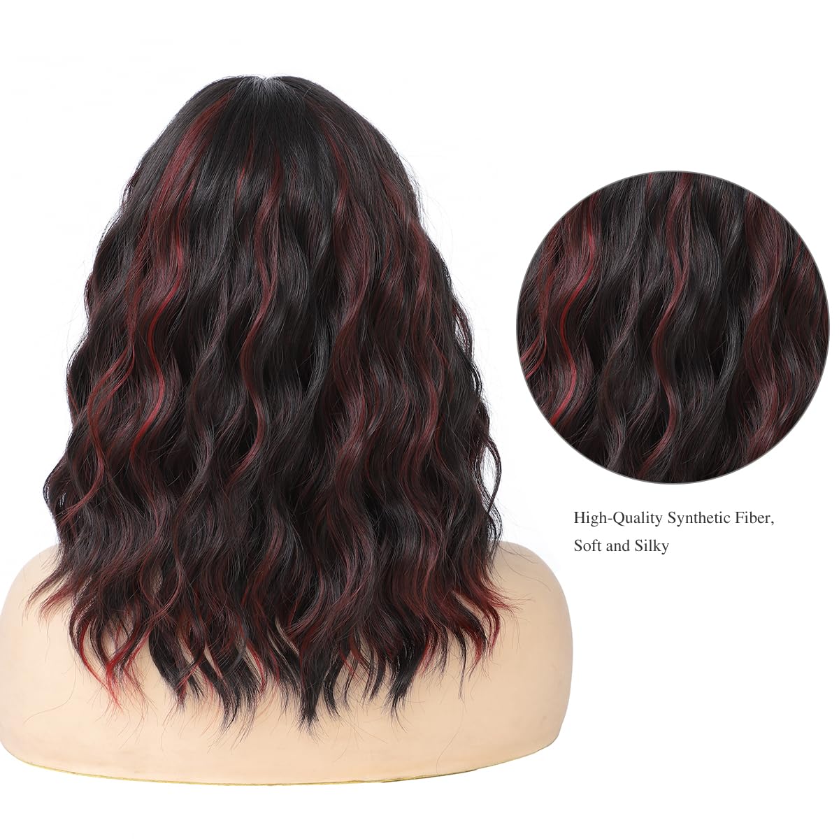 BUYOGET Medium Short Wig Wavy Bob Wig Realistic Natural Lace Front Scalp Adjustable Synthetic Shoulder Length Curly Wigs for Women Black Mix Red - Image 3