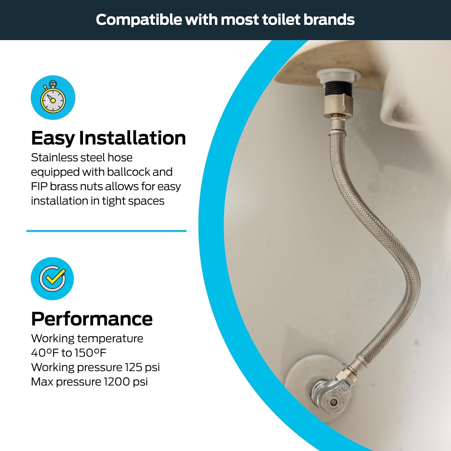 Eastman 16 Inch Flexible Toilet Connector, 7/8 Inch Ballcock x 1/2 Inch FIP, Stainless Steel Braided Supply Line, 48085 image 3
