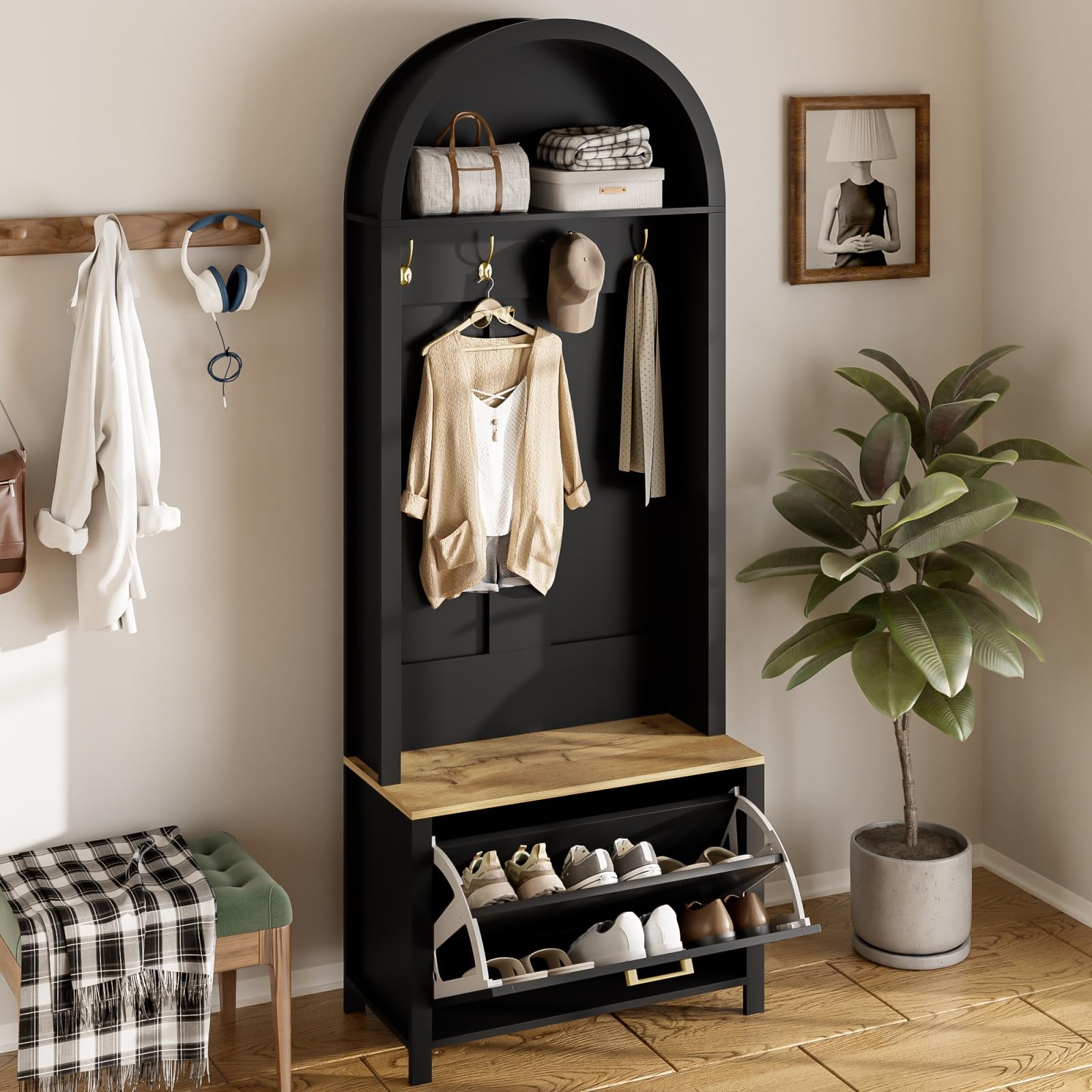Ensemble de vestiaire Armoire multifonctionnelle avec étagère à Chaussures, Compartiments de Rangement et Crochets ; Meuble de Rangement Moderne doté d'une Base en Fer Robuste (Black)