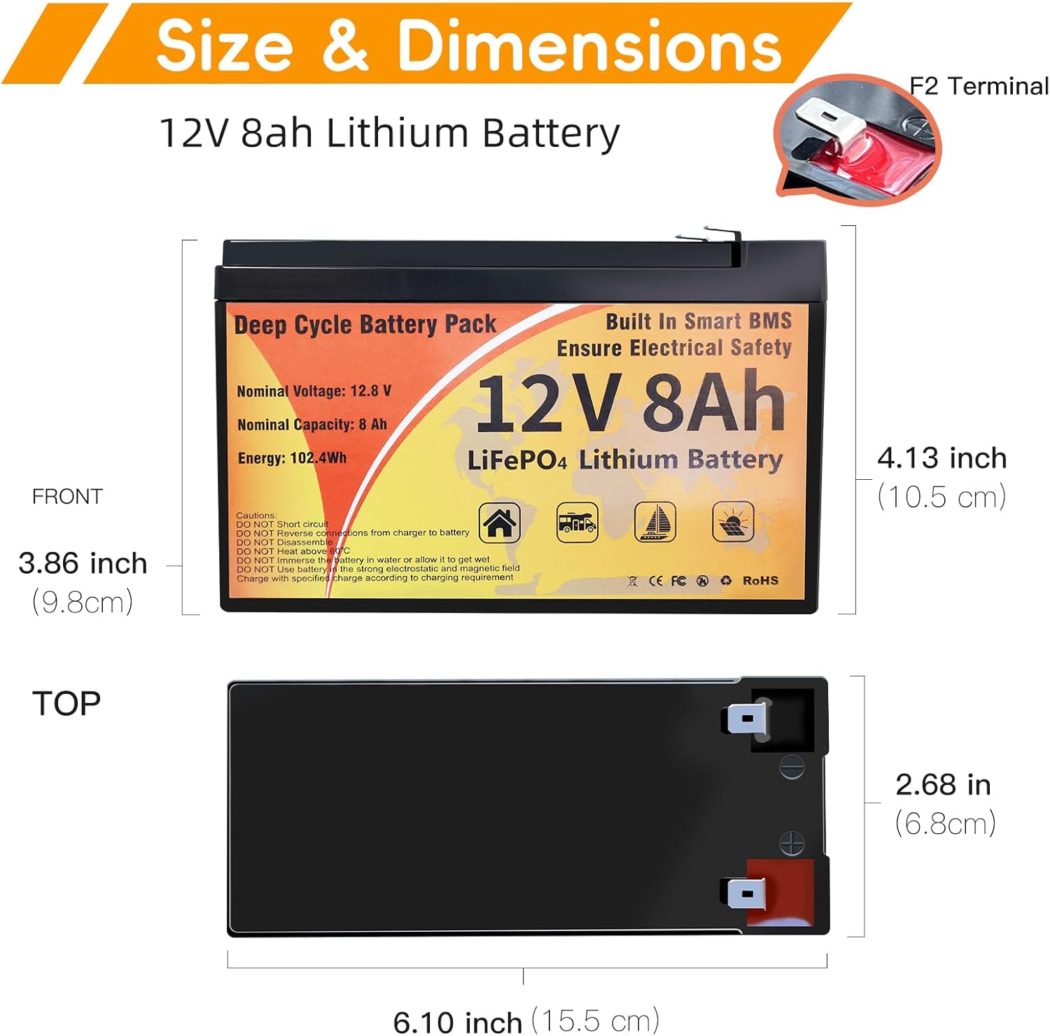 Diagram showing the dimensions of the 12V 8Ah LiFePO4 battery: 6.10 inches (15.5 cm) length, 2.68 inches (6.8 cm) width, and 4.13 inches (10.5 cm) height.