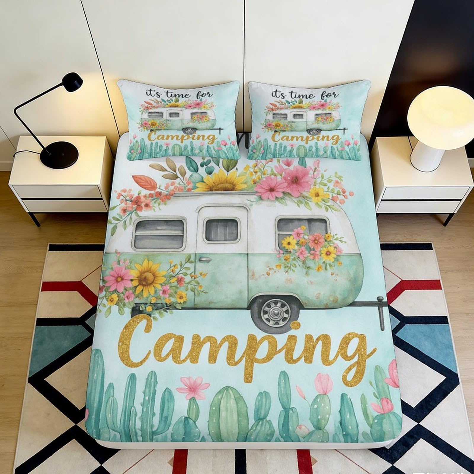 3D Printed Camper Van Flower Fitted Sheet Microfiber Soft Mattress Cover for Adult Bedroom Dorm Home Decor 140x200x25cm