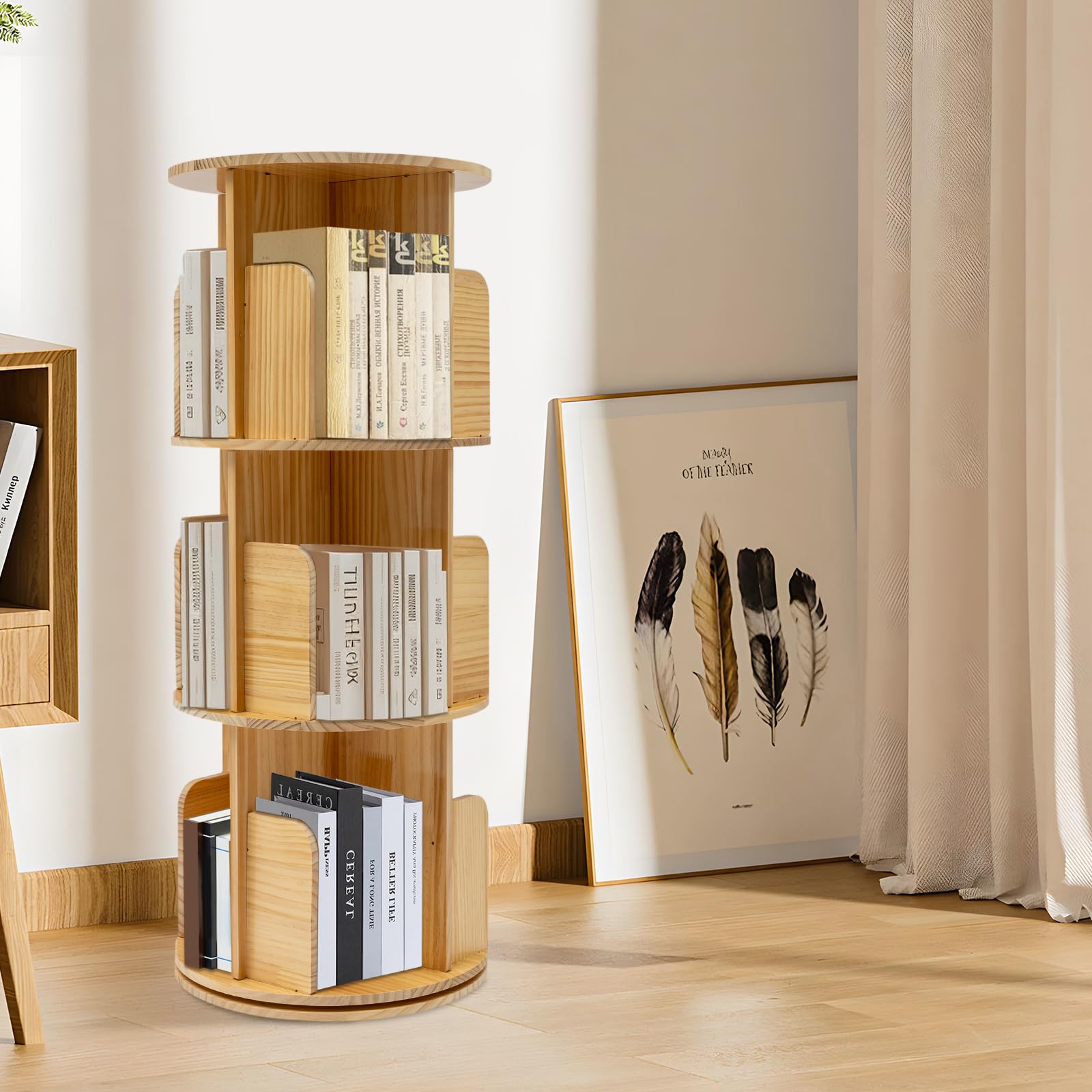 Estantería giratoria de madera de 3 niveles, 360 grados, estantería de oficina de madera de pino, armario de almacenamiento para estudio, oficina, biblioteca, sala de lectura, 45 x 98 cm