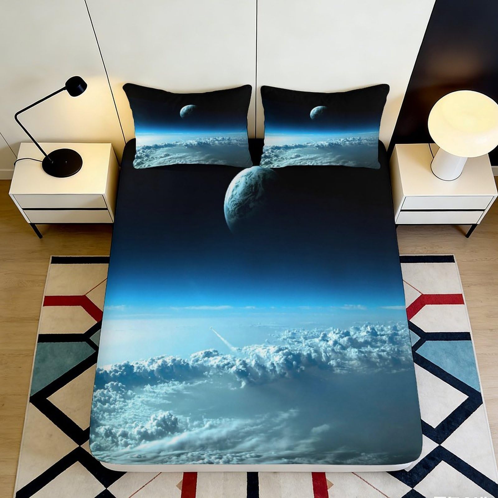 3D Printed Space Planet Fitted Sheet Microfiber Soft Breathable Cosmic Nebula Mattress Cover for Bedroom Dorm Decor 90x200x25cm