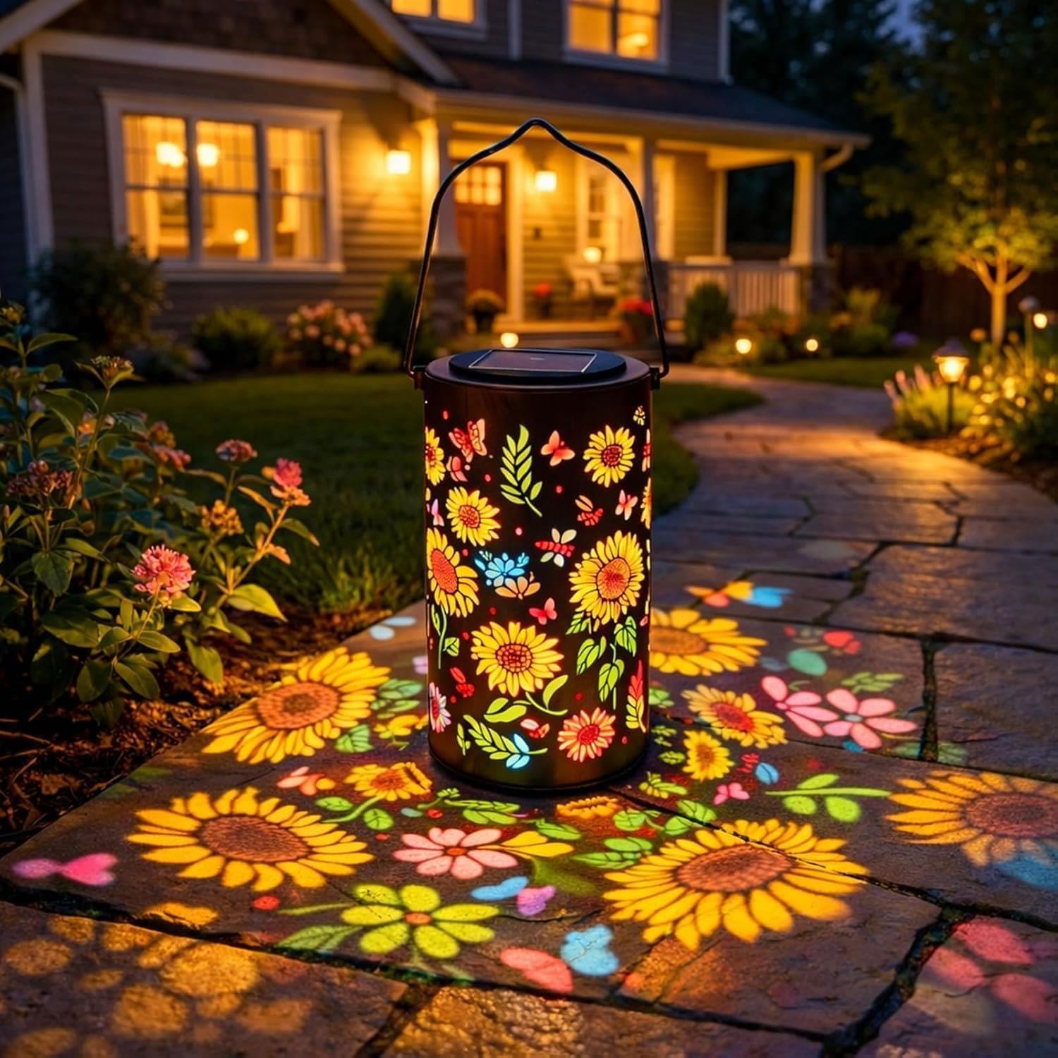 Gresonic 1pack Colourful Sunflower Solar Garden Lantern, Waterproof Hanging Metal Lantern with Colour Projection, Outdoor Decor Light for Patio Yard Porch Garden Decor & Gifts