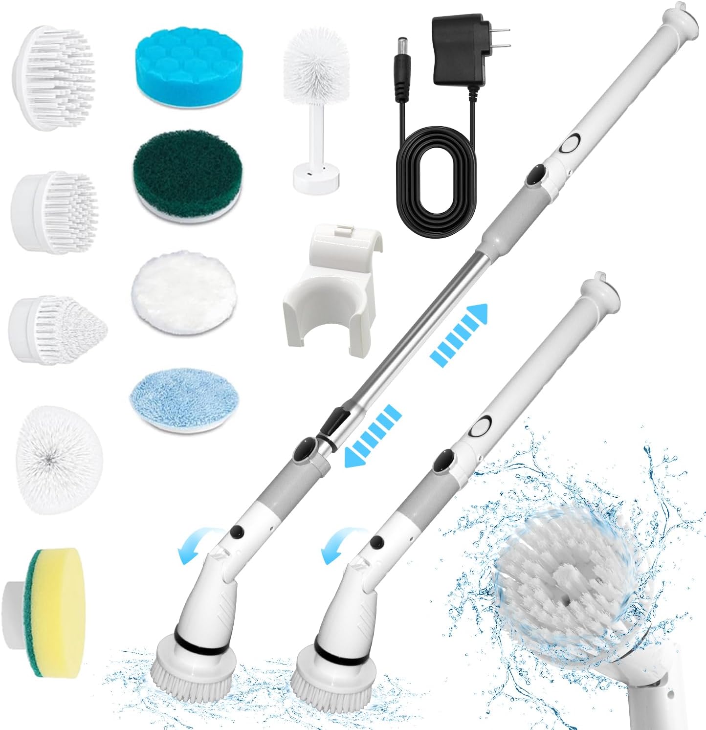 Power Spin Scrubber, Electric Spin Scrubber Cleaning Tool Brush with Long Handle Retractable Housekeeping Supplies, Bathroom Kitchen, Shower Tub, Tile, Floor, 10 Replaceable Cleaning Heads