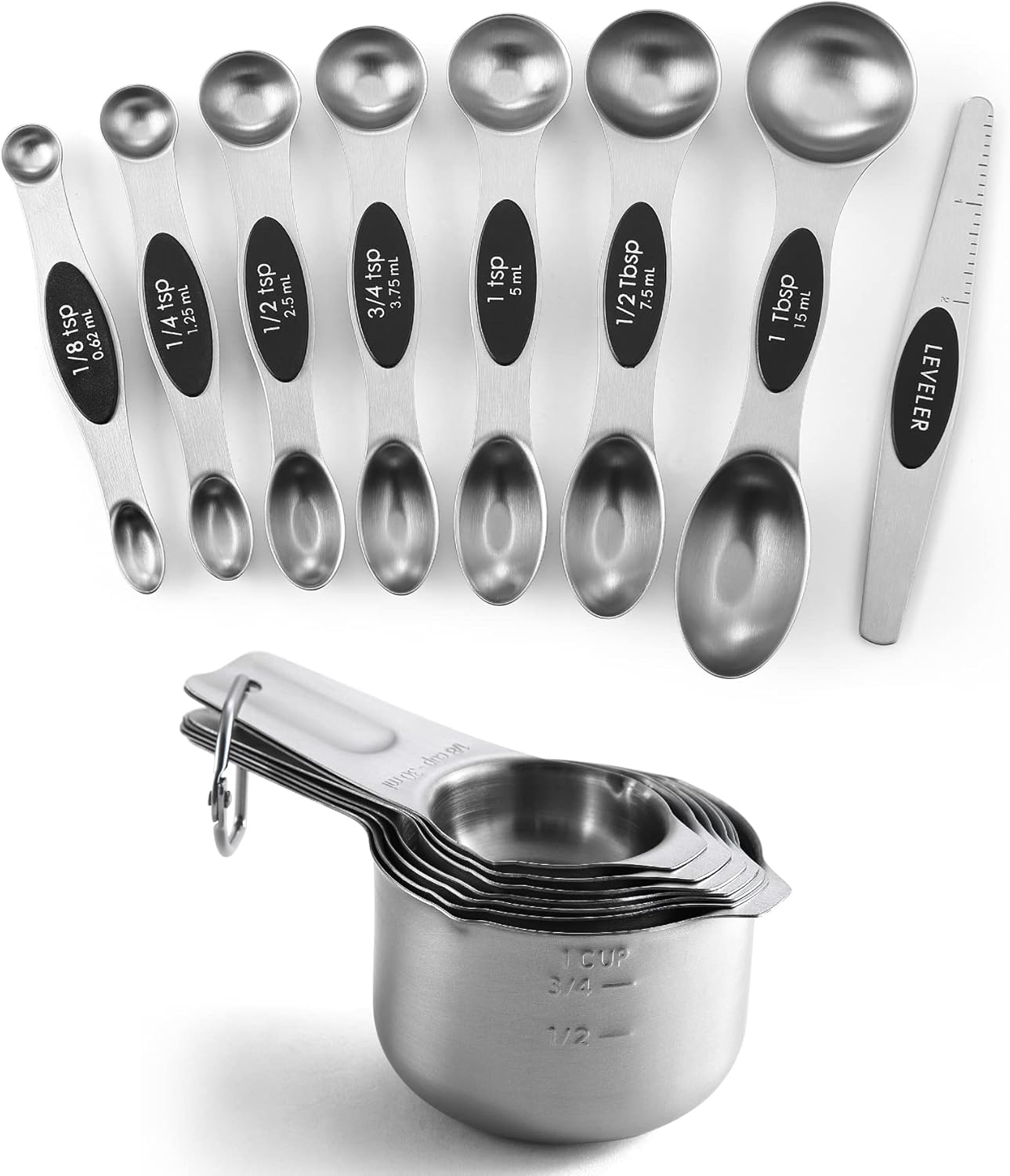 Spring Chef Stainless Steel Magnetic Measuring Spoons Set of 8, Black & Measuring Cups Set of 7