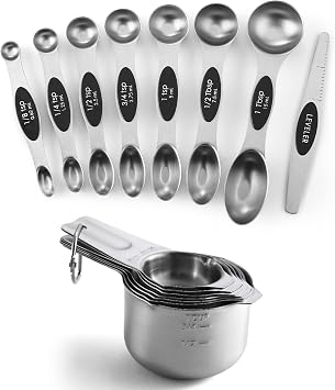 Spring Chef Stainless Steel Magnetic Measuring Spoons Set of 8, Black & Measuring Cups Set of 7