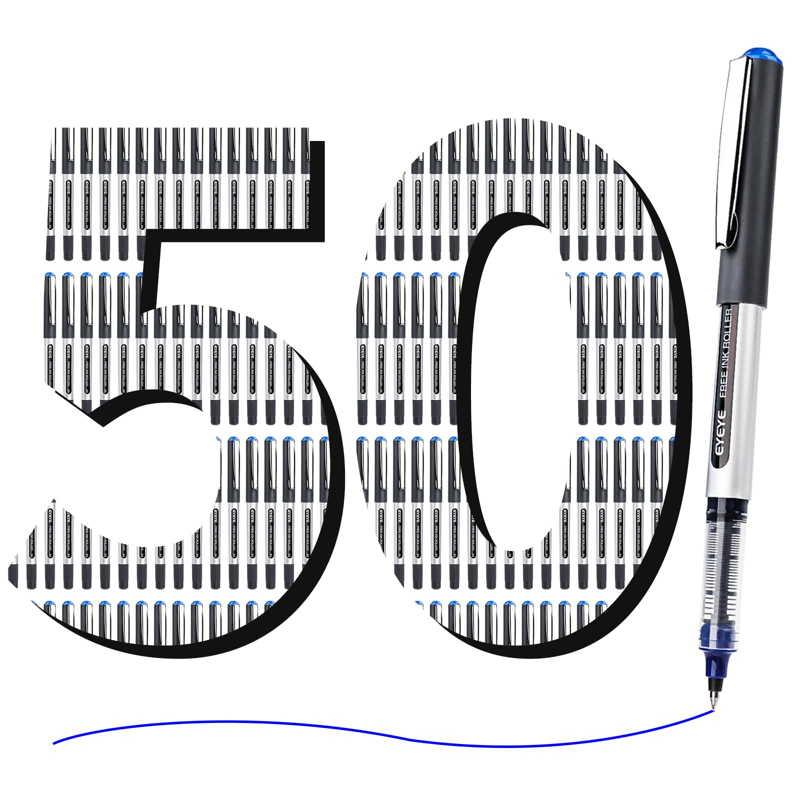 EYEYE 0.5mm Rollerball Pens Blue, 50 Pack Extra Fine Point Liquid Ink Roller Ball Pen Quick Dry, Blue Ink Pens Fine Point Smooth Writing Pen for