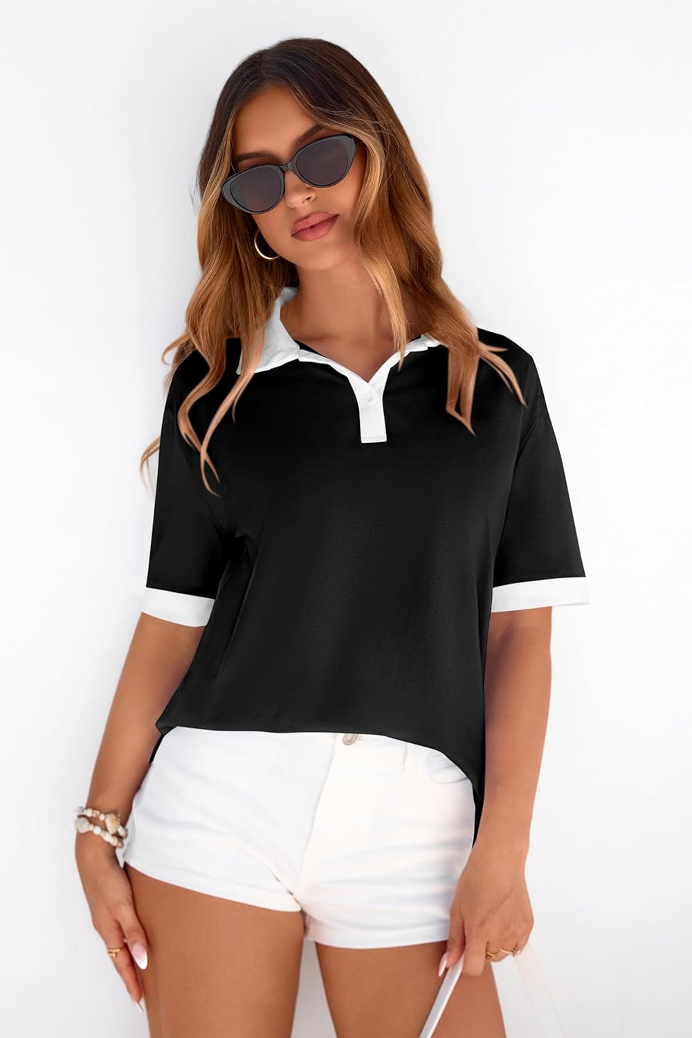 PRETTYGARDEN Summer Short Sleeve Polo Shirts for Women Collared V Neck Work Dressy Tops Knit Loose Business Casual Outfits - Image 6