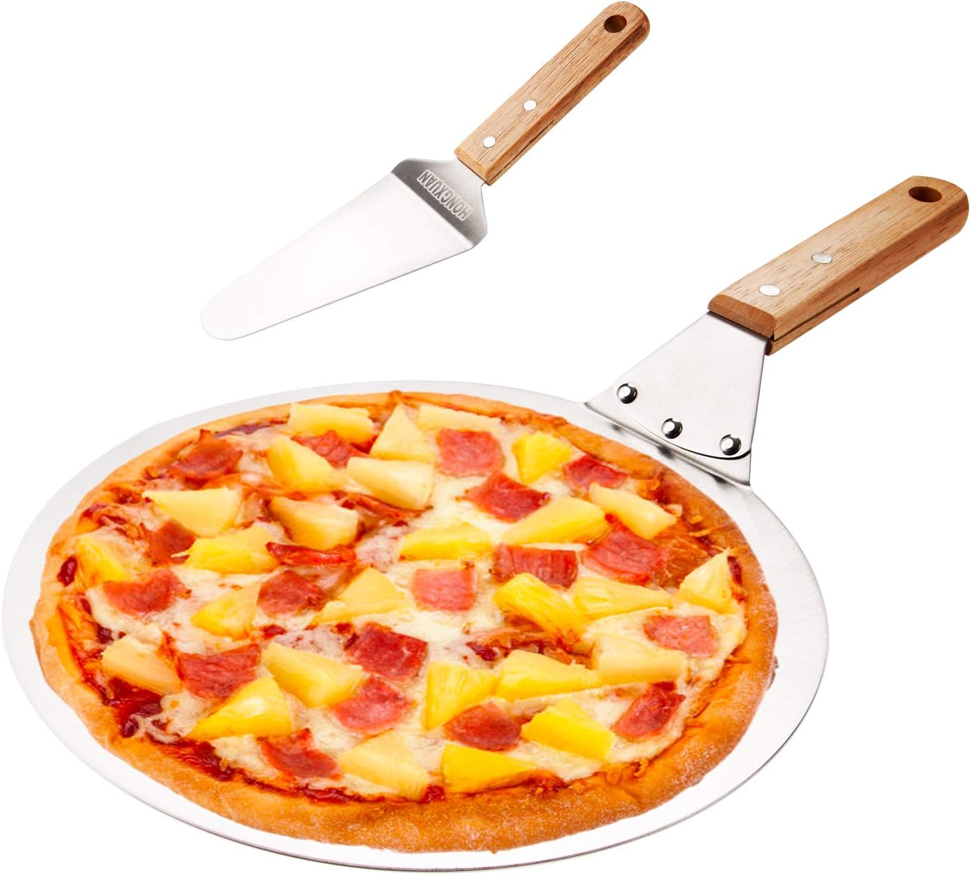 Round Aluminum Pizza Peel with Pizza Server,Wood Handle with Hook,9inch Food Grade