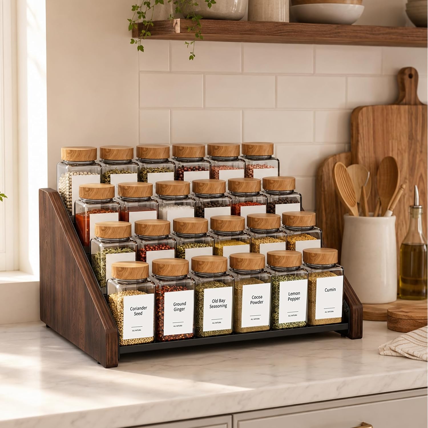 4-Tier Spice Organization for Cabinet, Adjustable Depth Spice Holder for Countertop, Cupboard, Pantry, seasoning organizer, Wood & Solid Metal