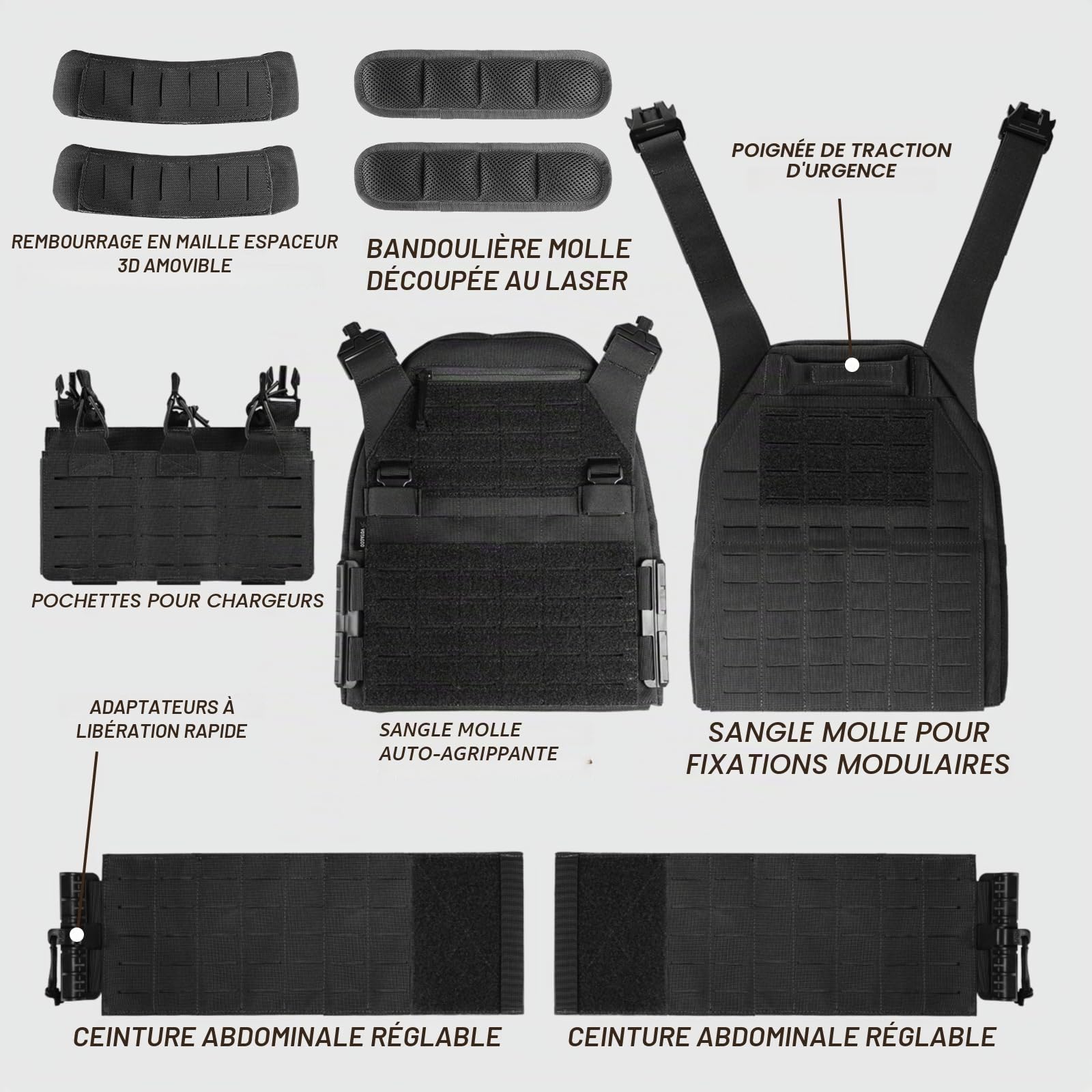 VOTAGOO Gilet tactique pour homme - Gilet militaire à bretelles - Gilet respirant - Paintball - Protège-poitrine
