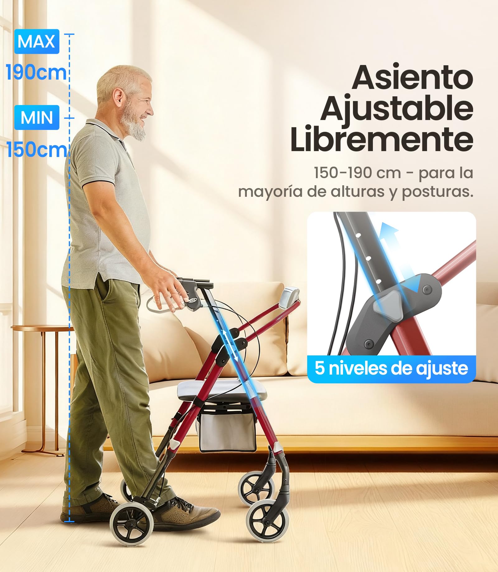 VOCIC Andador plegable ligero con asiento, 6,3kg Ultraligero, Max 150 kg | andador para ancianos con ruedas, asiento ergonómico, altura regulable, Walker estrecho para apartamento & viajes, granate