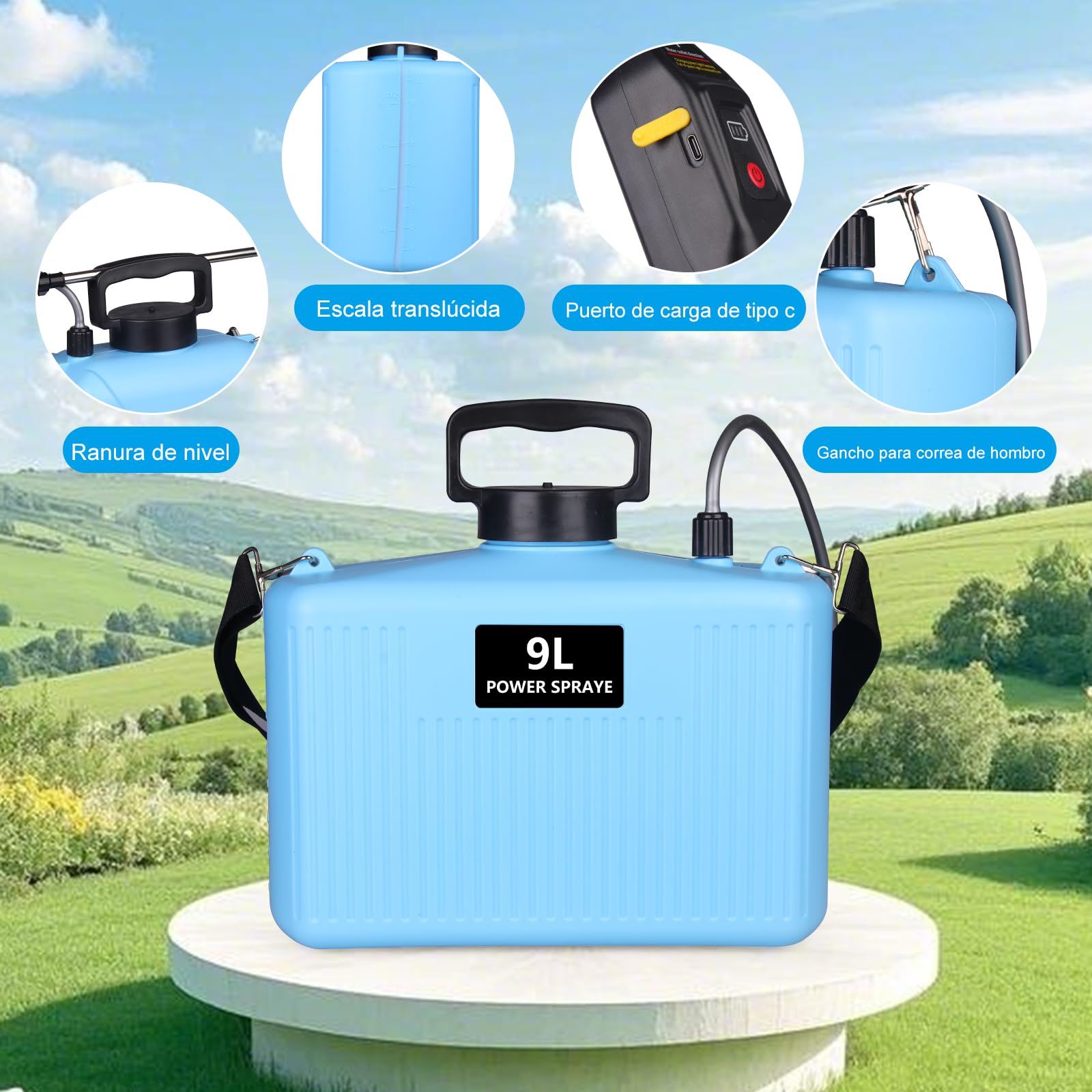 Pulverizador Eléctrico 9L, Jardin Pulverizador con 3 boquillas, Varilla Retráctil, Pulverizadors Plantas Recargable por USB con Correa para el Hombro