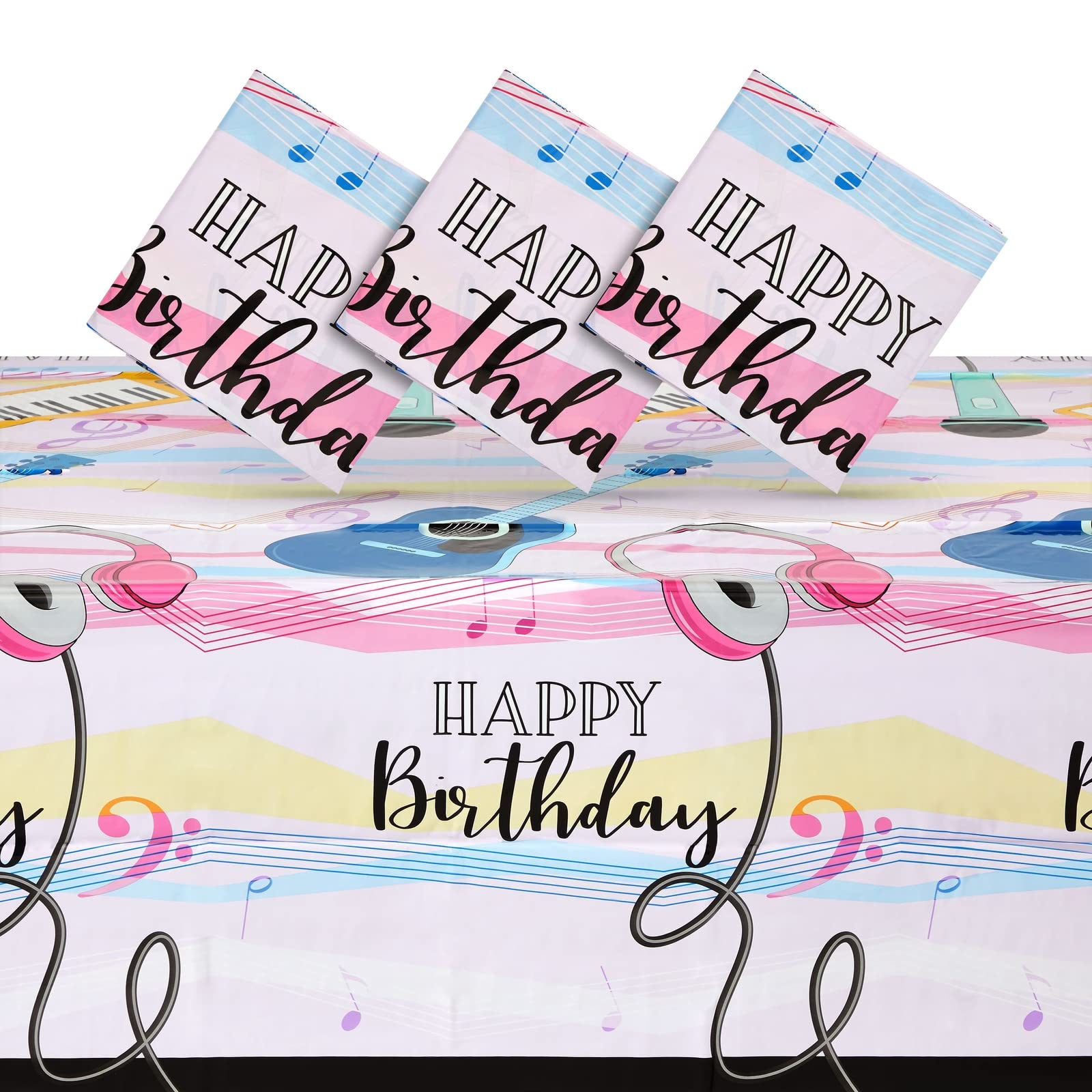 BLUE PANDA Music Notes Birthday Tablecloth - Vibrant Music Notes Design &amp; Musical Tablecloth - Easy-Clean Disposable Plastic Table Covers - 3-Pack for Birthday Party Decoration - 54 x 108 in