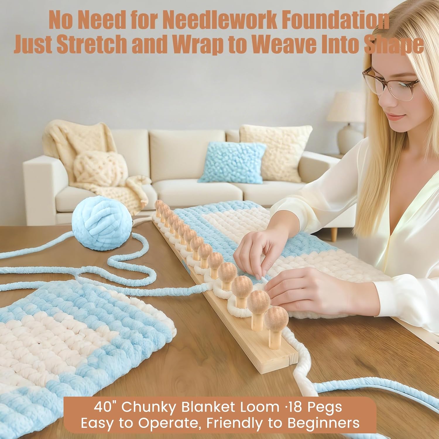 52” Chunky Blanket Loom for Beginners – Wooden Round Chunky Knitting Loom with Anti-Slip Pegs, Pine Wood DIY Weaving Kit for Stress Relief, Parent-Child Craft, Gift Making & Elderly Hand training