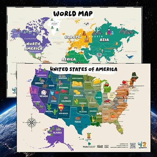 Large 24" x 36" Illustrated World Map & USA Map for Kids – Laminated Write-On Wipe-Off Educational Wall Maps for Classroom & Homeschool – Made in USA – by 42 Curiosity