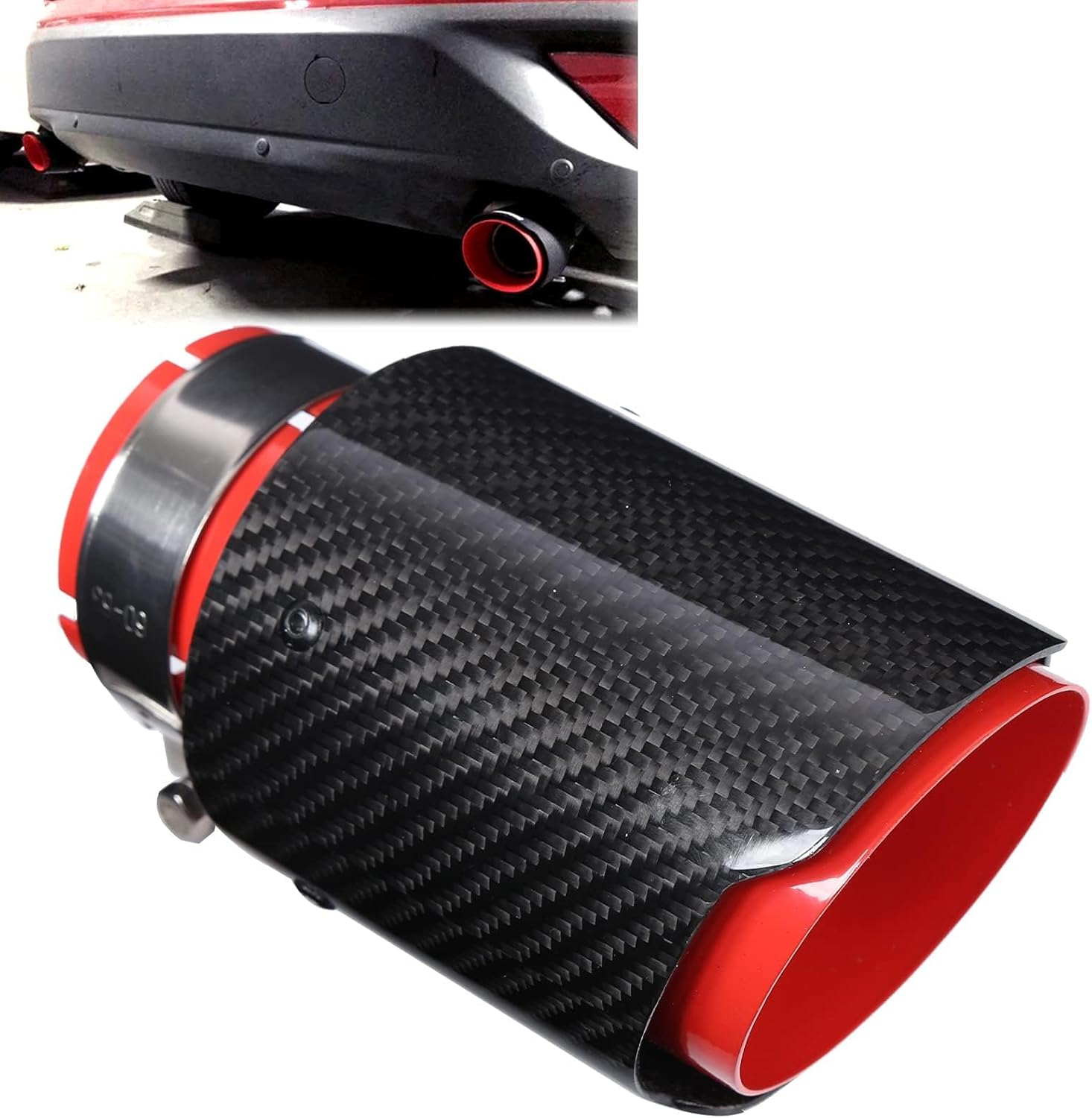 163Mm/6.4In Car Tail Throat, Universal Exhaust Tip Tail Throat Glossy Carbon Fiber Red Pipe Straight 63Mm/2.5In Inlet 89Mm/3.5In