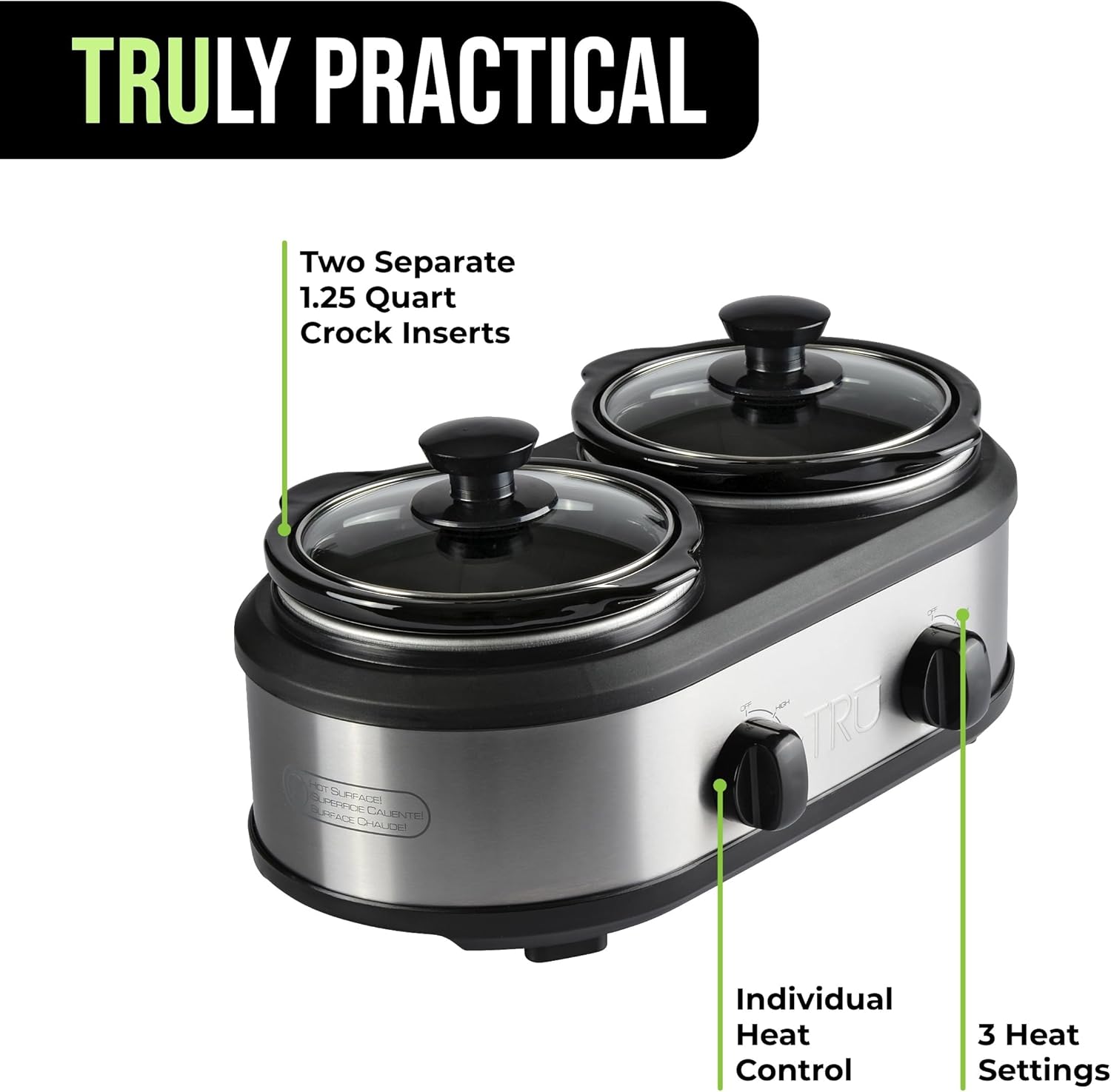 TRU Dual Crock Buffet Slow Cooker - Food & Dip Warmers for Parties - Stainless Steel Kitchen Appliance - Slow Cooker with Individual Heat Control & Multiple Heat Settings