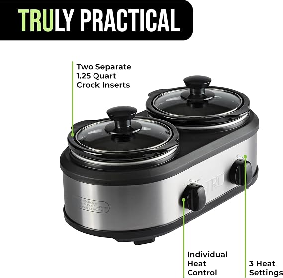TRU Dual Crock Buffet Slow Cooker - Food & Dip Warmers for Parties - Stainless Steel Kitchen Appliance - Slow Cooker with Individual Heat Control & Multiple Heat Settings