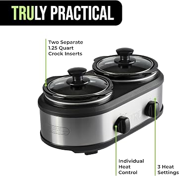 TRU Dual Crock Buffet Slow Cooker - Food & Dip Warmers for Parties - Stainless Steel Kitchen Appliance - Slow Cooker with Individual Heat Control & Multiple Heat Settings
