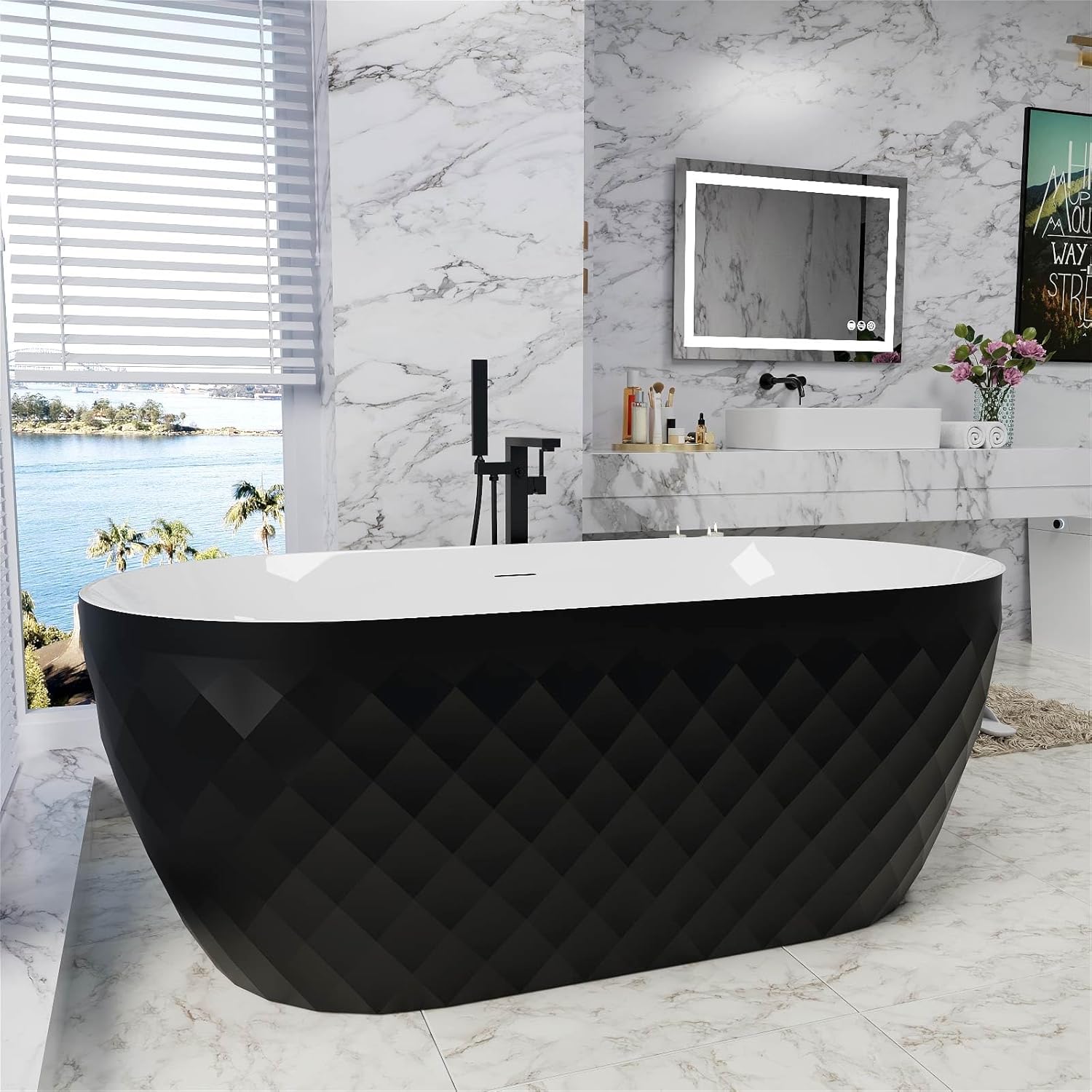 59" Acrylic Freestanding Bathtub，Double Ended Shape lozenge texture Bathtub with Integrated Slotted Overflow, Toe-Tap Chrome Drain, cUPC Certified,Black