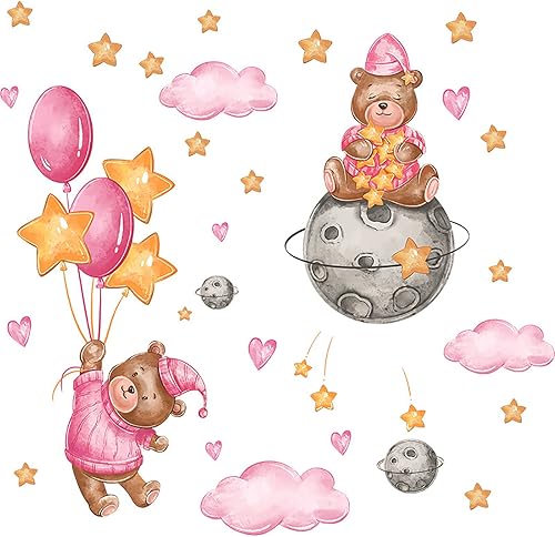 Miniatura 5 de Calcomanías de pared de oso jugando en la nube, preciosas calcomanías de pared con globos de luna y estrella, vinilo extraíble, decoración mural