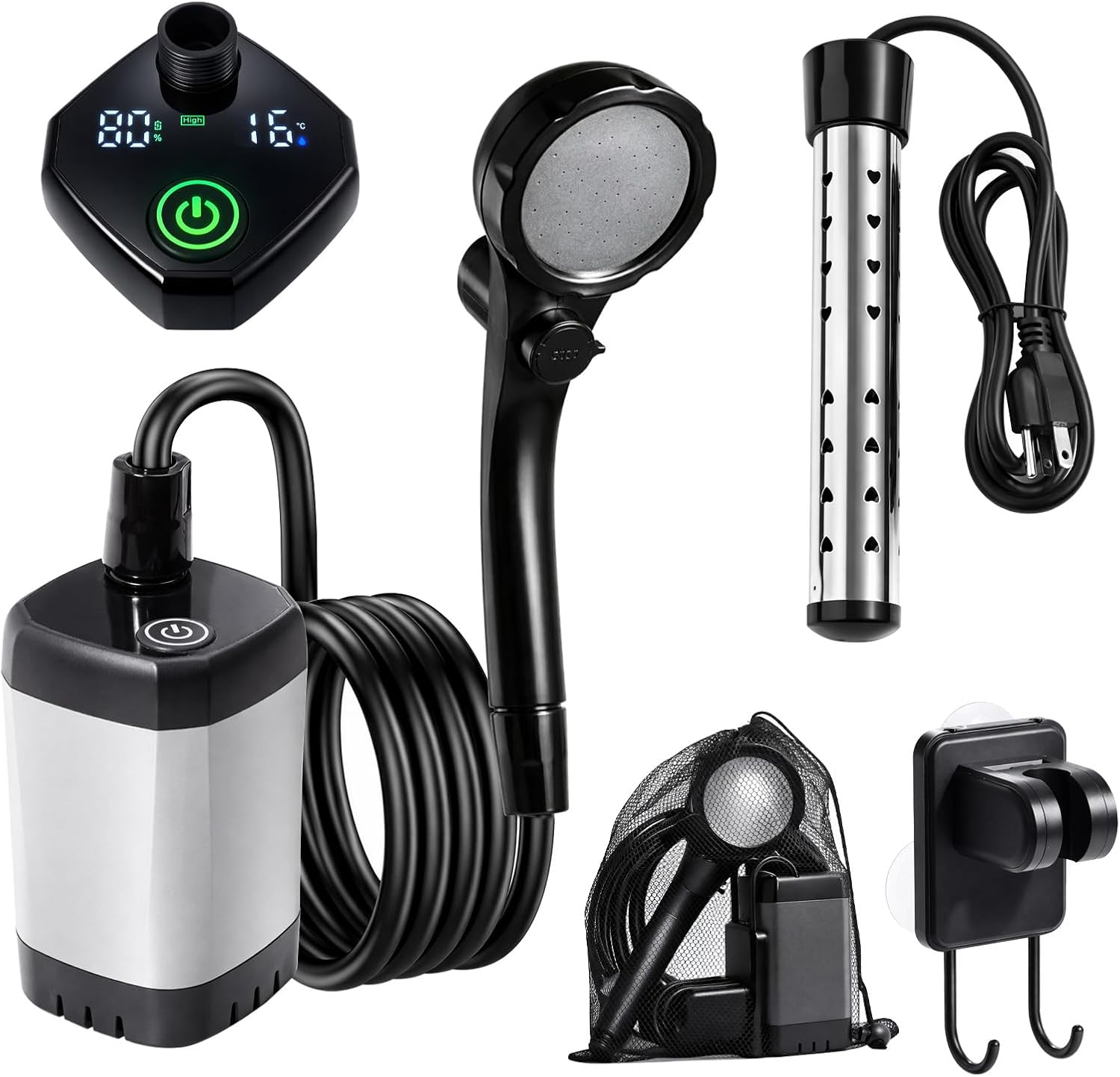 Portable Camping Shower with Heater, Long-Lasting 6000mAh Rechargeable Camping Shower with Sprayer Head,4 Spray Modes,IPX7 Waterproof Outdoor Camp Pump for Hiking, Travel, Car, Pet