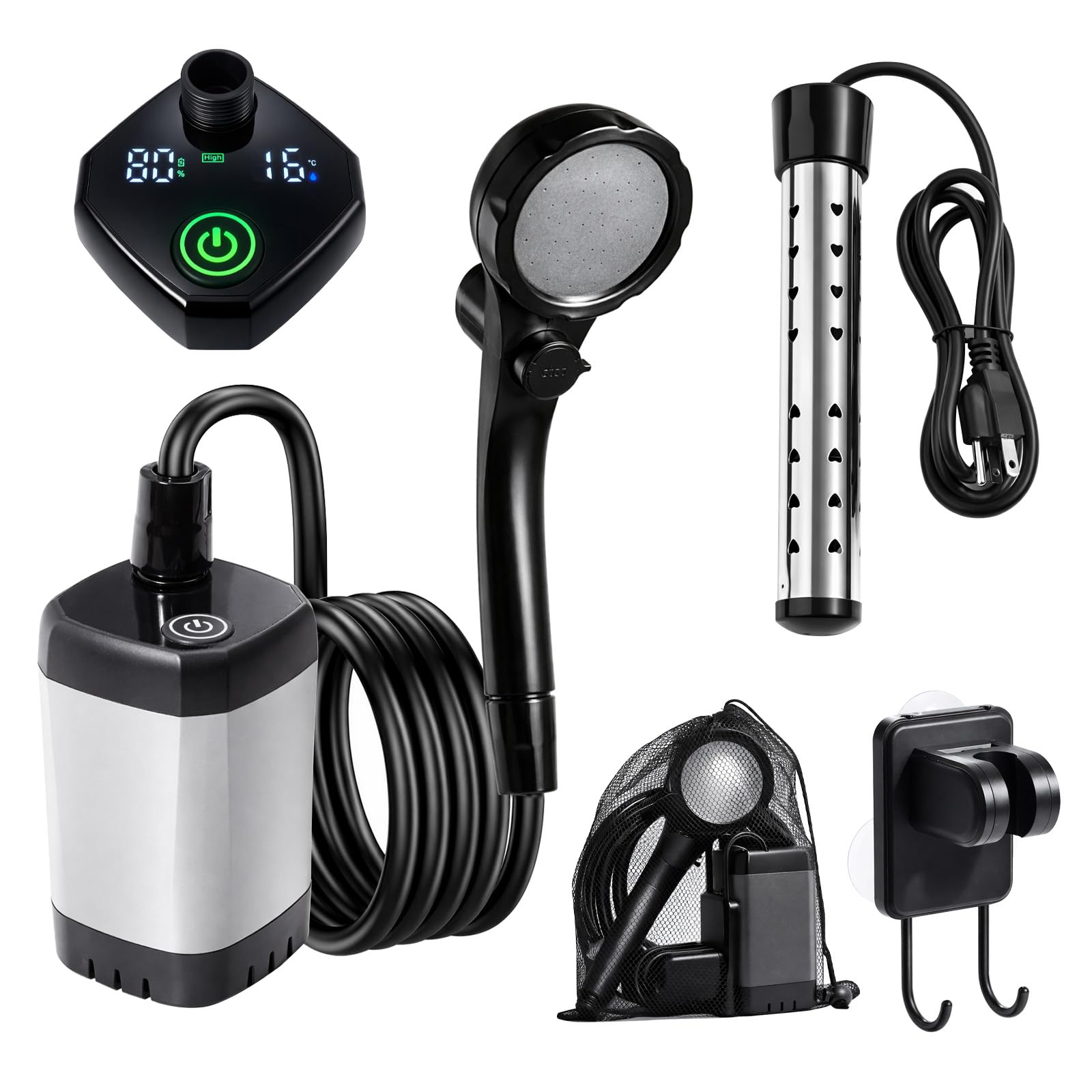 Doccia portatile da campeggio con scaldabagno, batteria da 6000 mAh, durata 140 minuti, display digitale da 5,2 pollici, 4 modalità di spruzzo, impermeabile IPX7 per escursioni, bagno per