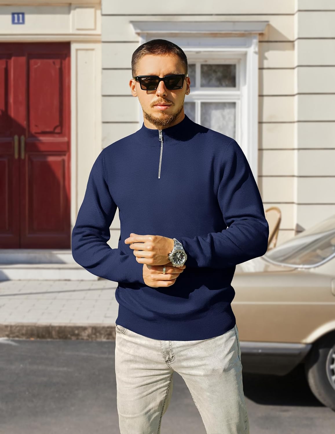 COOFANDY Mens Quarter Zip Pullover Slim Fit Lightweight Knit Pullover Sweaters Casual Polo Sweater - Image 4