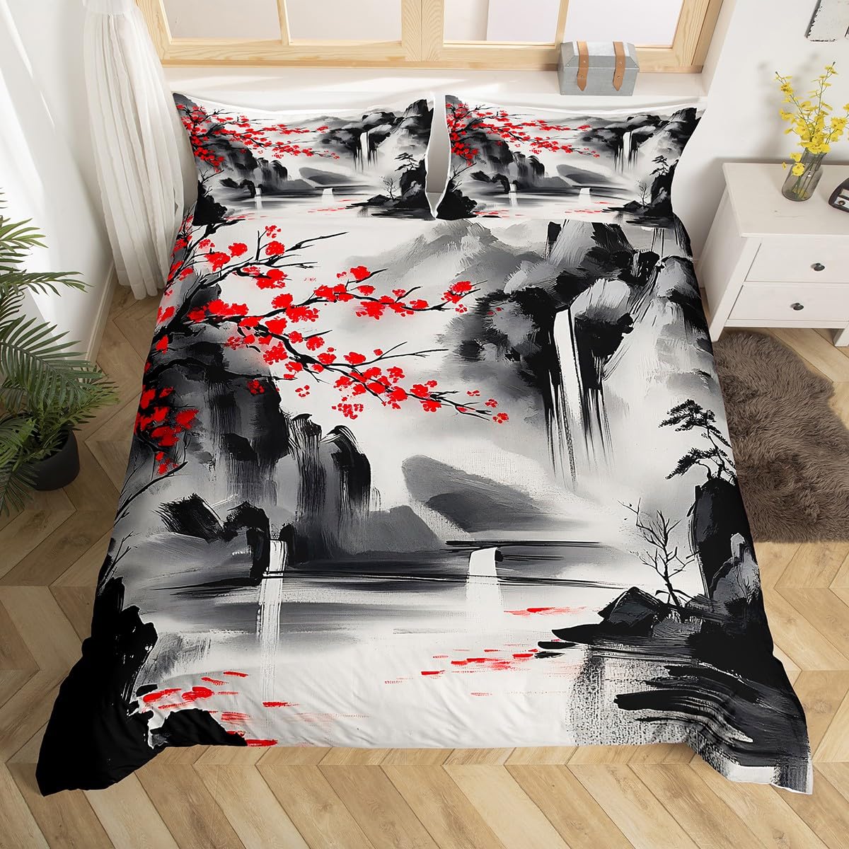 Loussiesd Chinese style Duvet Cover Junior/Cot Bed water color mountain print bedding set cherry blossom plum blossom red bedding set mountain painting background decoration — image 1