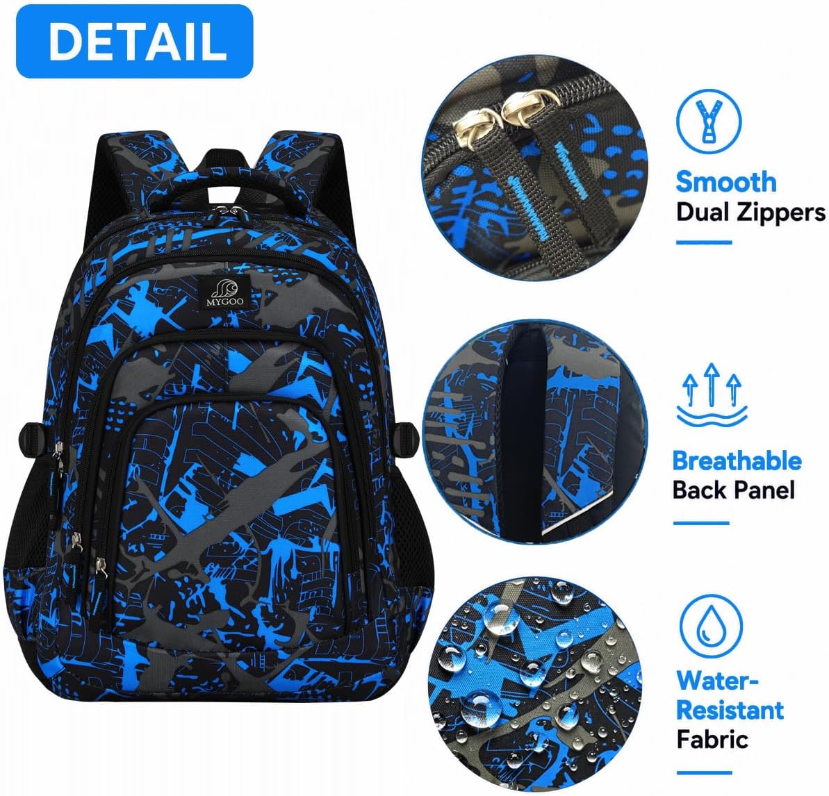 MYGOO Boys School Backpack Archibald Camo Blue Bookbag for Elementary Middle School Ages 5-12, 17 inch Large Capacity 24L Kids Student Travel Bags image 3