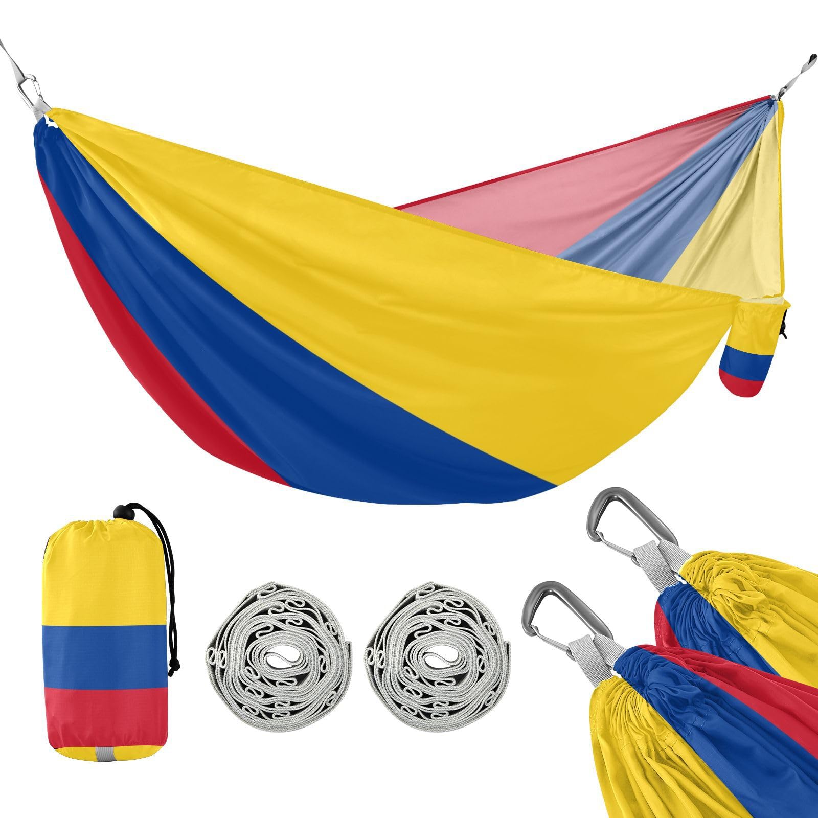 Hamaca de bandera nacional colombiana de Colombia, azul, rojo, amarillo, hamaca para exteriores con correas de árbol, hamaca de cuerda para patio interior y exterior