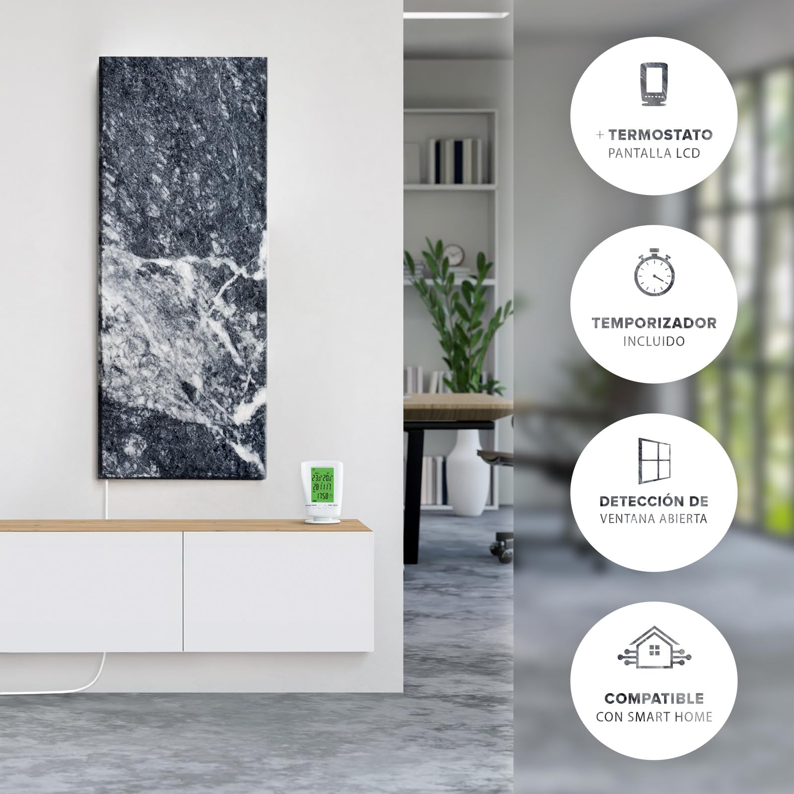Calefactor de infrarrojos de piedra natural con termostato I 800 W I Carrara-Optik A-800 I Radiador Eléctrico de Pared Eficiente I 5 años de garantía I Calidad alemana